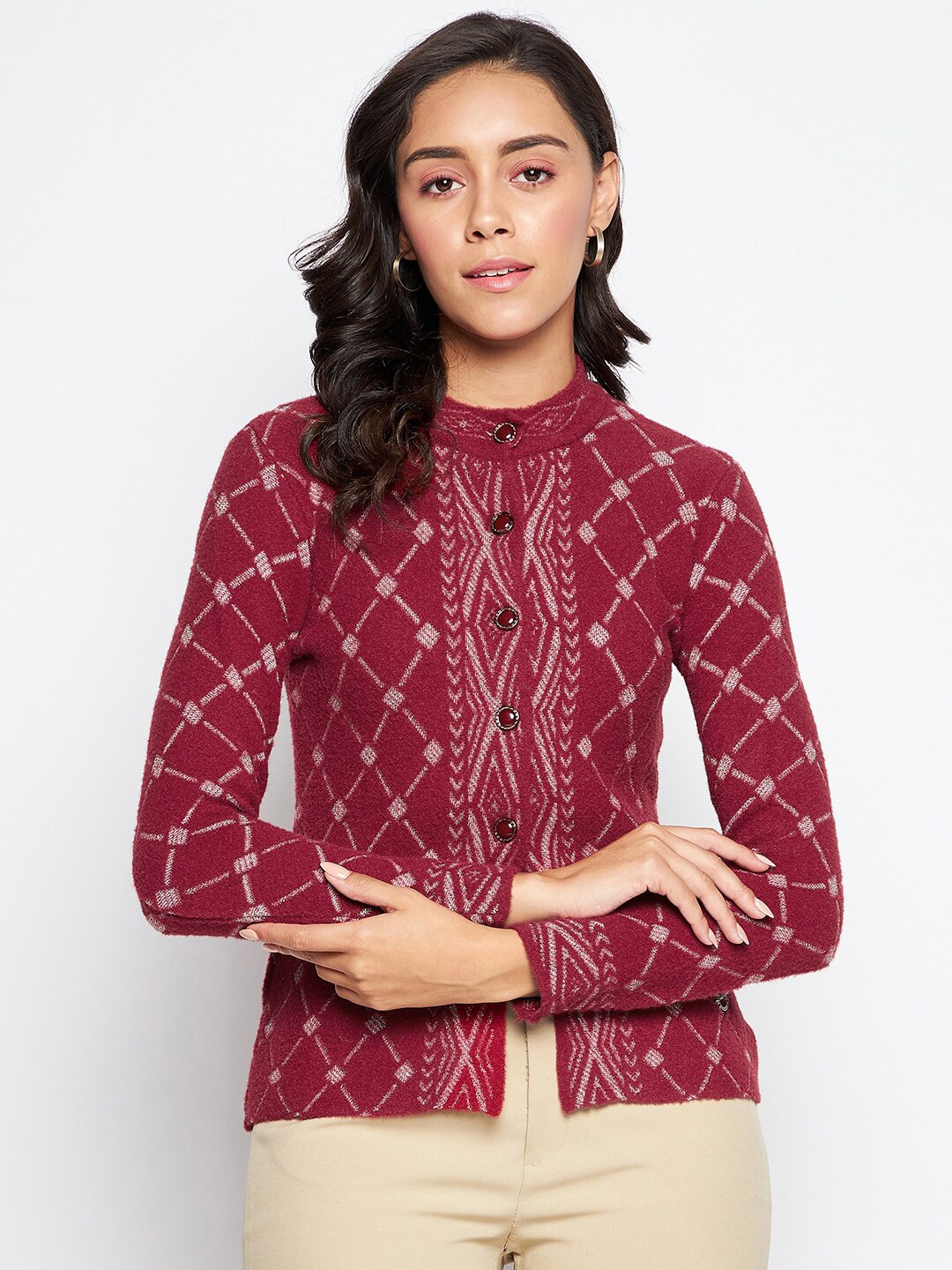 

Duke Women Maroon & White Self Design Cardigan