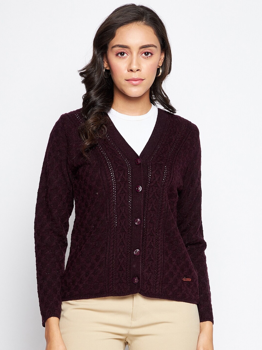 

Duke Women Maroon Wool Cable Knit Cardigan Sweater