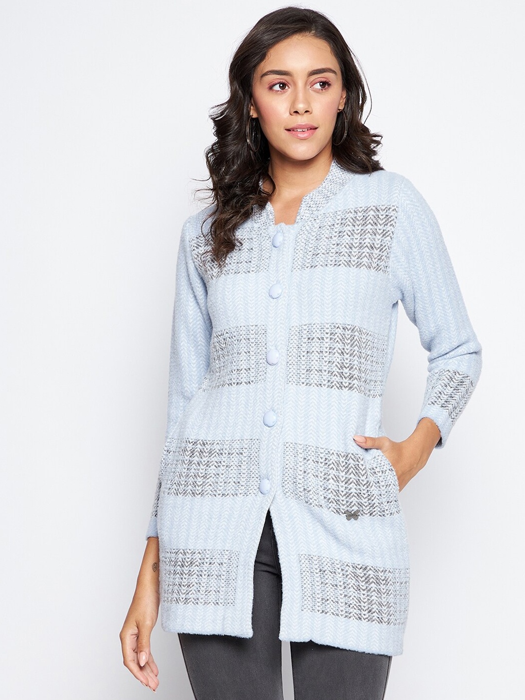 

Duke Women Blue Striped Wool Longline Cardigan
