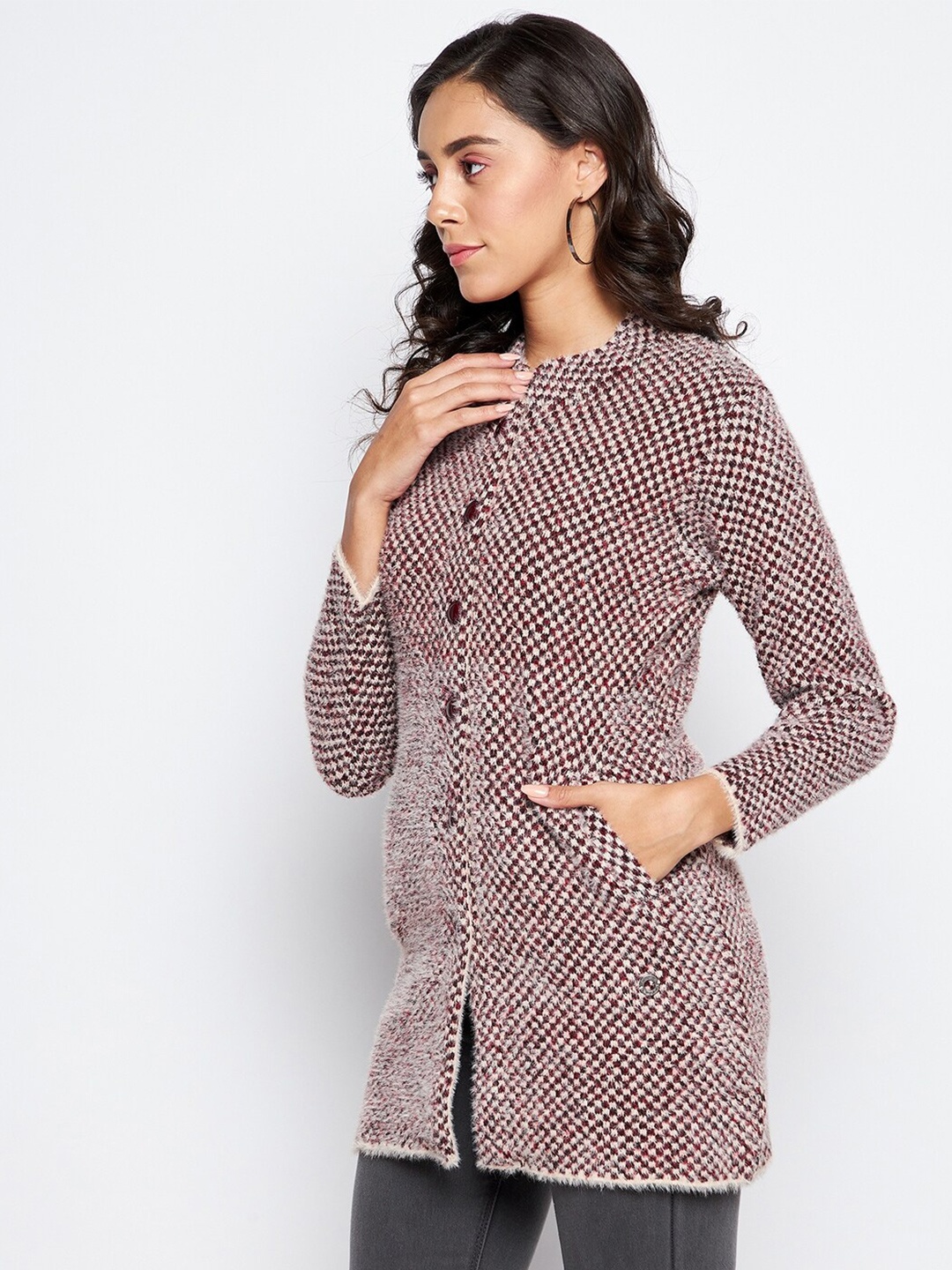 

Duke Women Maroon Checked Checked Longline Cardigan