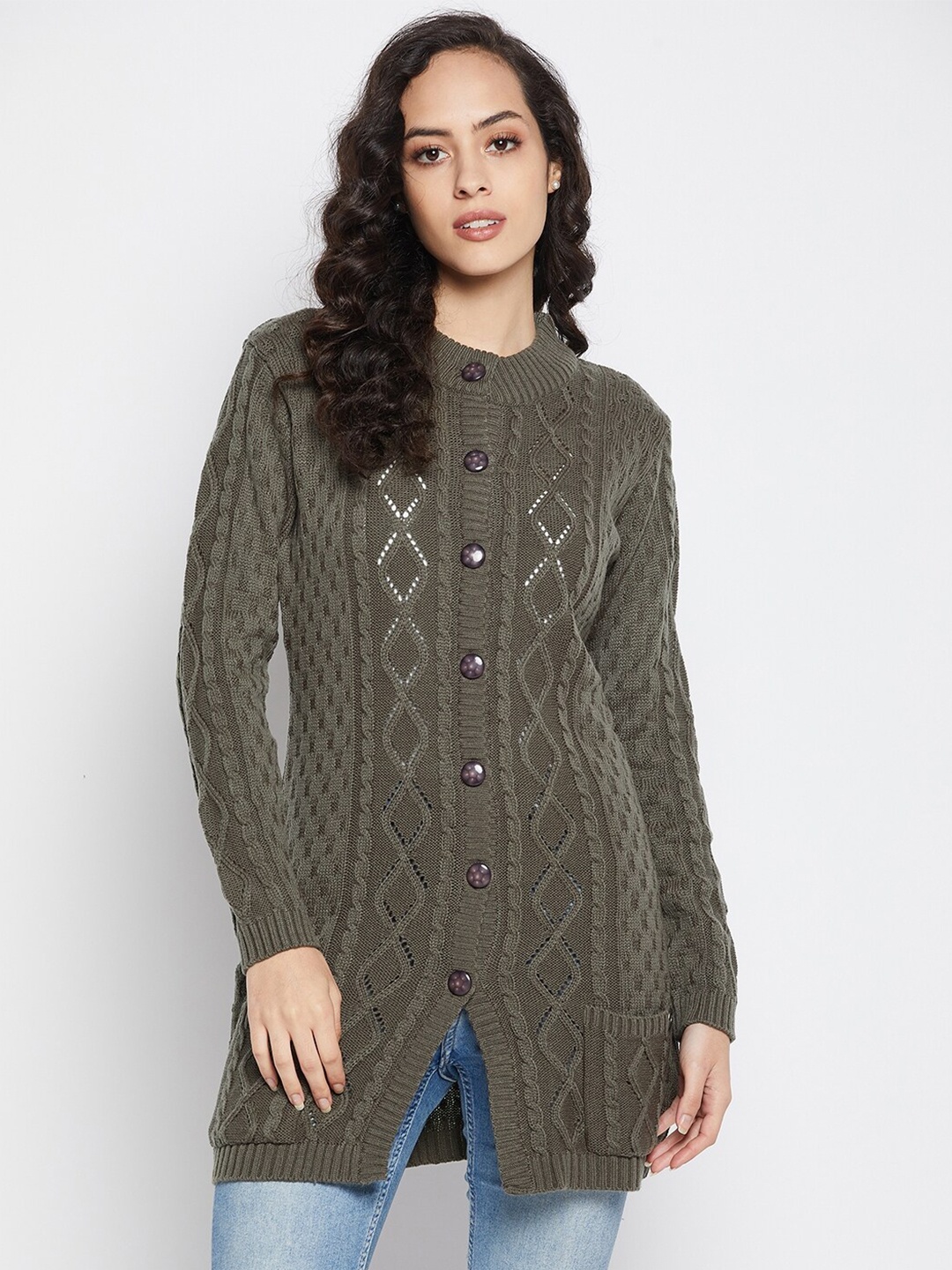 

Duke Women Olive Green Cable Knit Woolen Longline Cardigan Sweater