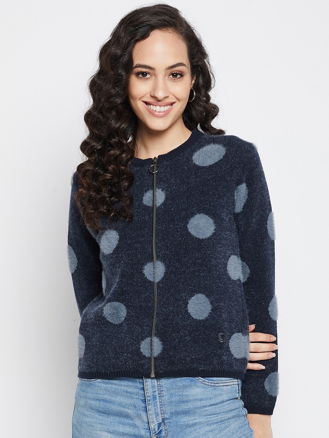 

Duke Women Blue Printed Wool Cardigan with Fuzzy Detail