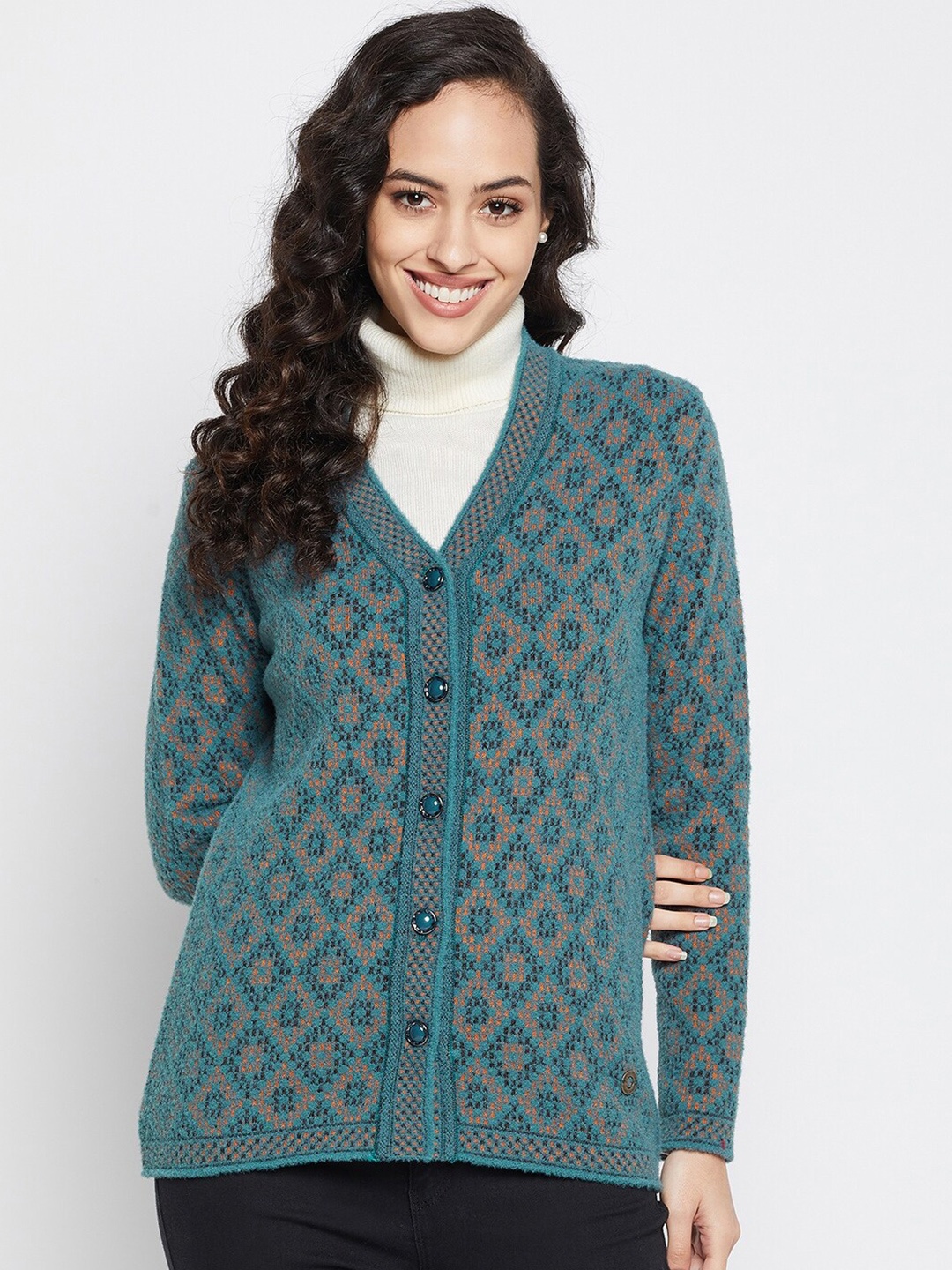 

Duke Women Blue & Brown Geometric Cardigan