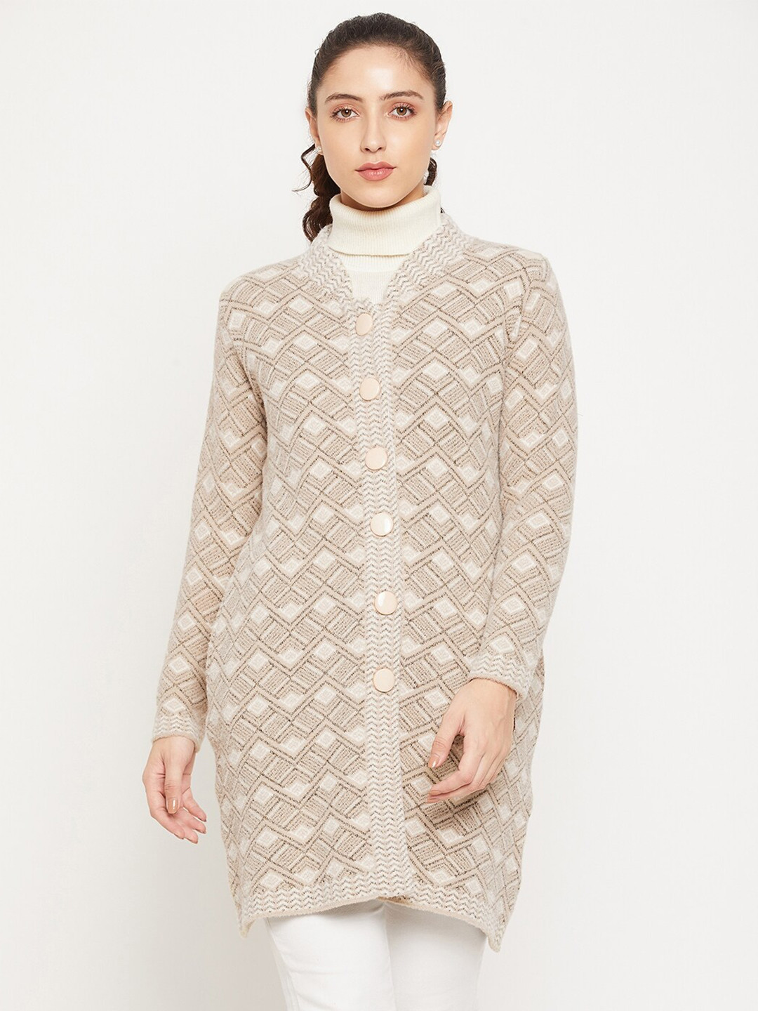 

Duke Women Beige & White Self Design Wool Longline Cardigan