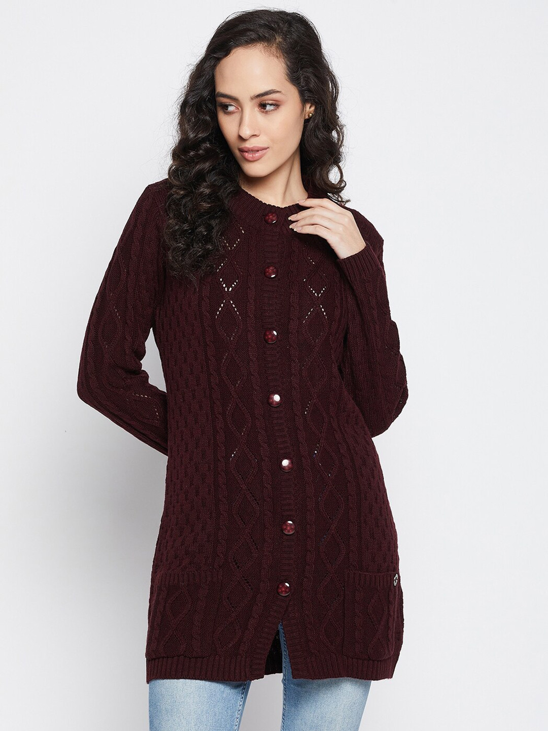 

Duke Women Maroon Cable Knit Longline Cardigan