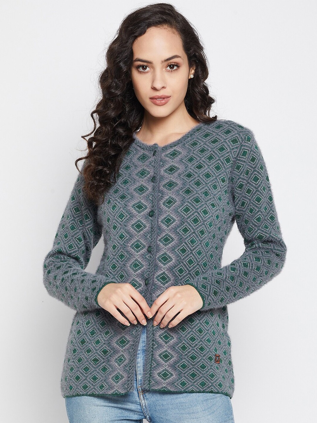 

Duke Women Grey & Green Self Design Wool Cardigan