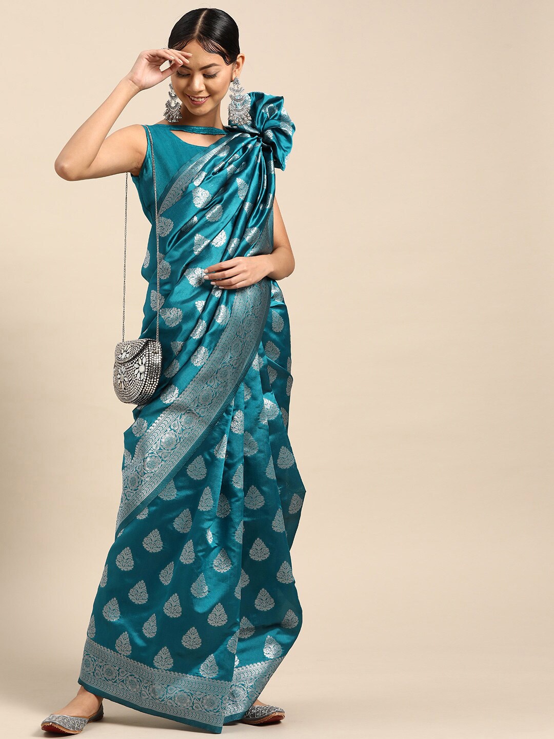 

HERE&NOW Blue & Silver-Toned Ethnic Motifs Zari Silk Blend Banarasi Saree