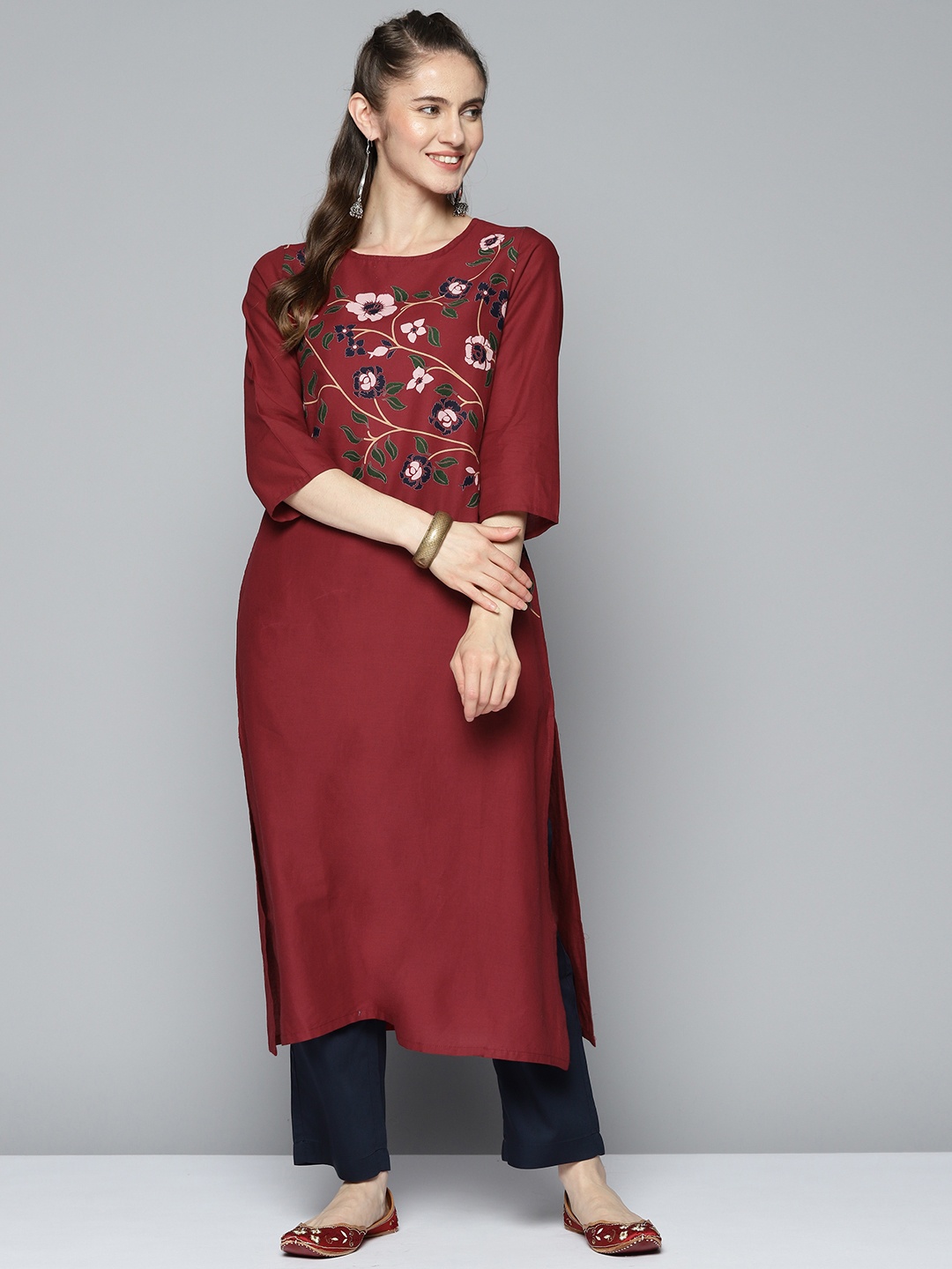 

HERE&NOW Women Maroon Floral Print Cotton Kurta