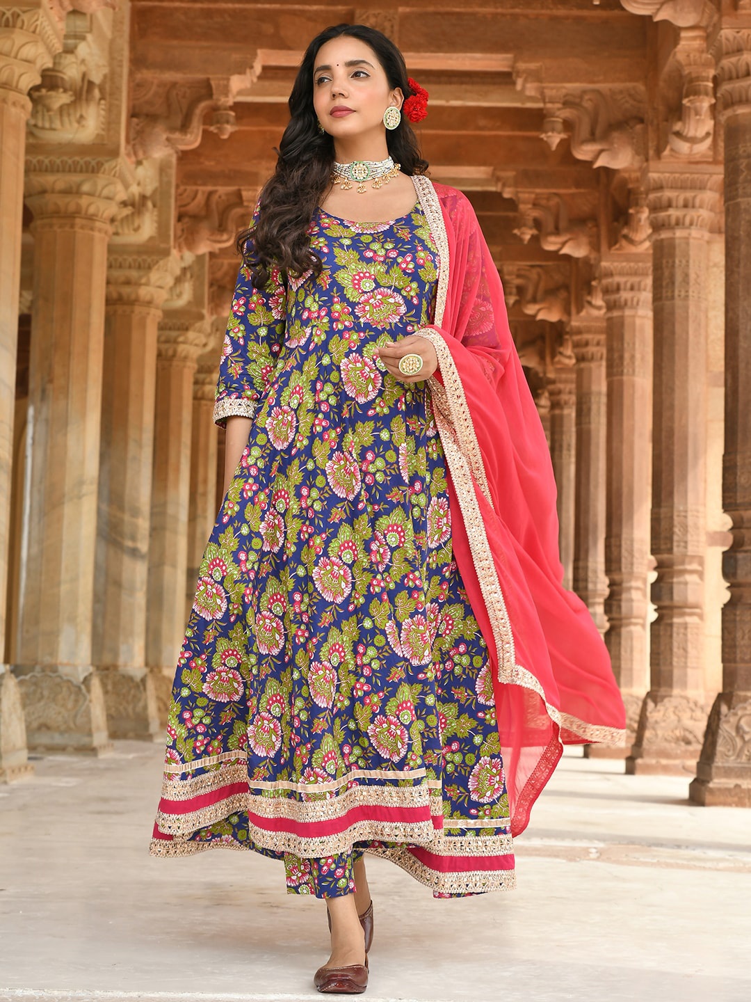 

Janasya Women Blue Cotton Floral Block Print Kurta with Trousers & Dupatta