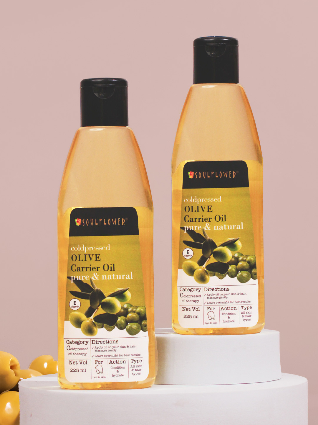 

Soulflower Set of 2 100% Natural Cold Pressed Olive Oils for Skin, Hair & Lip - 225ml each, Green