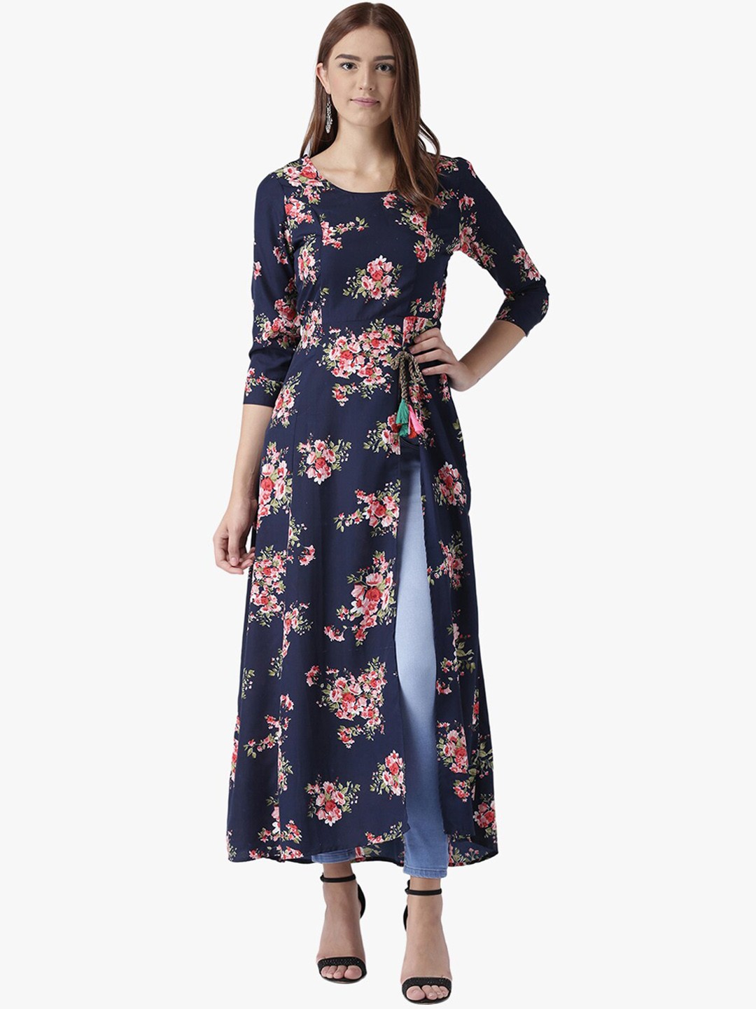 

DODO & MOA Women Blue Floral Printed A-Line High Slit Kurta
