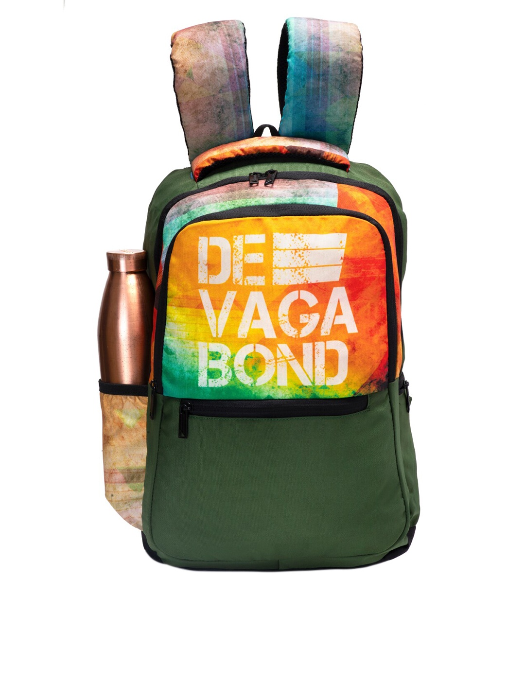 

DEVAGABOND Unisex Green & Orange Typography Backpack