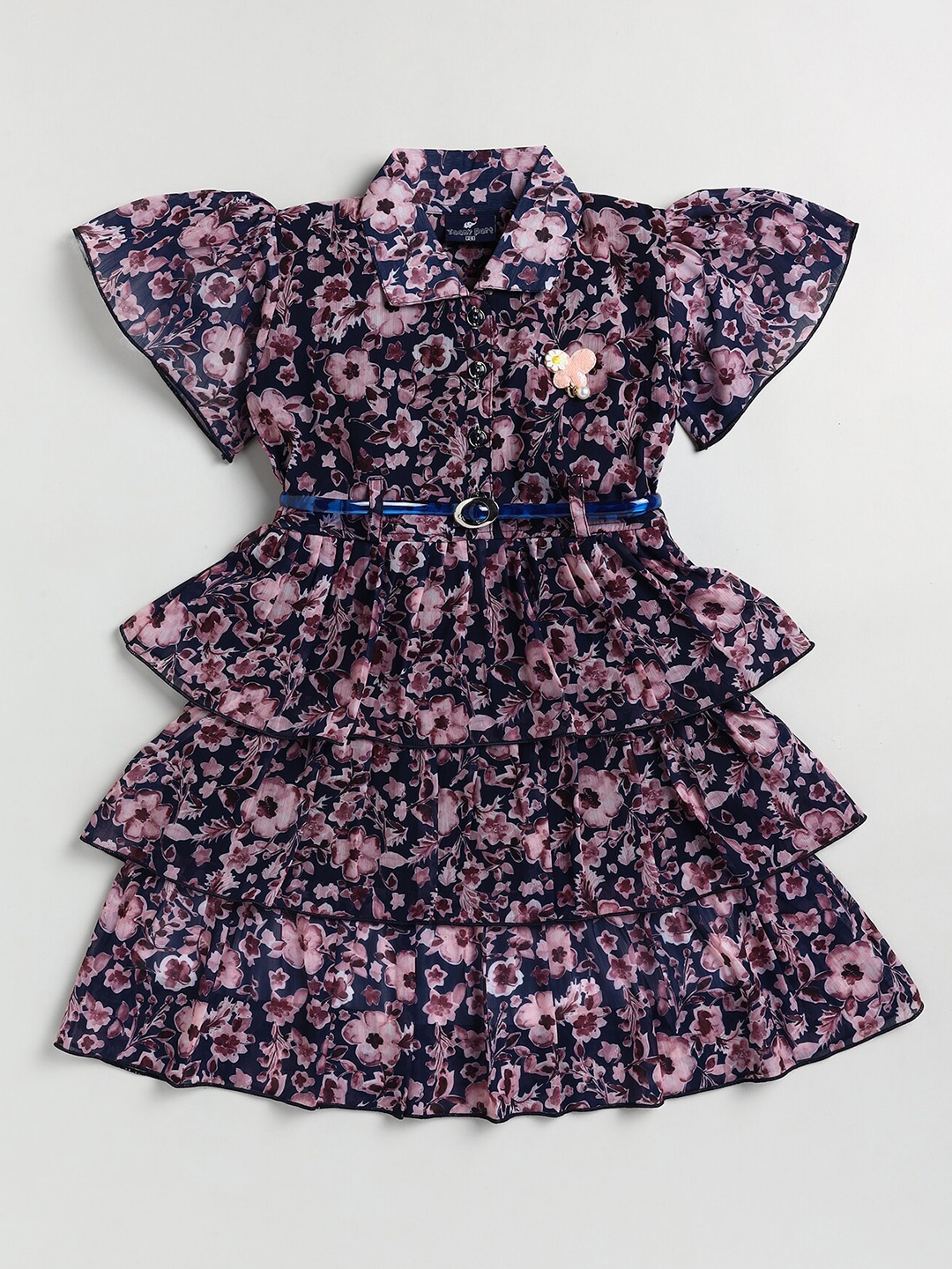 

Toonyport Navy Blue Floral Layered Frills Flared Sleeves Chiffon Dress