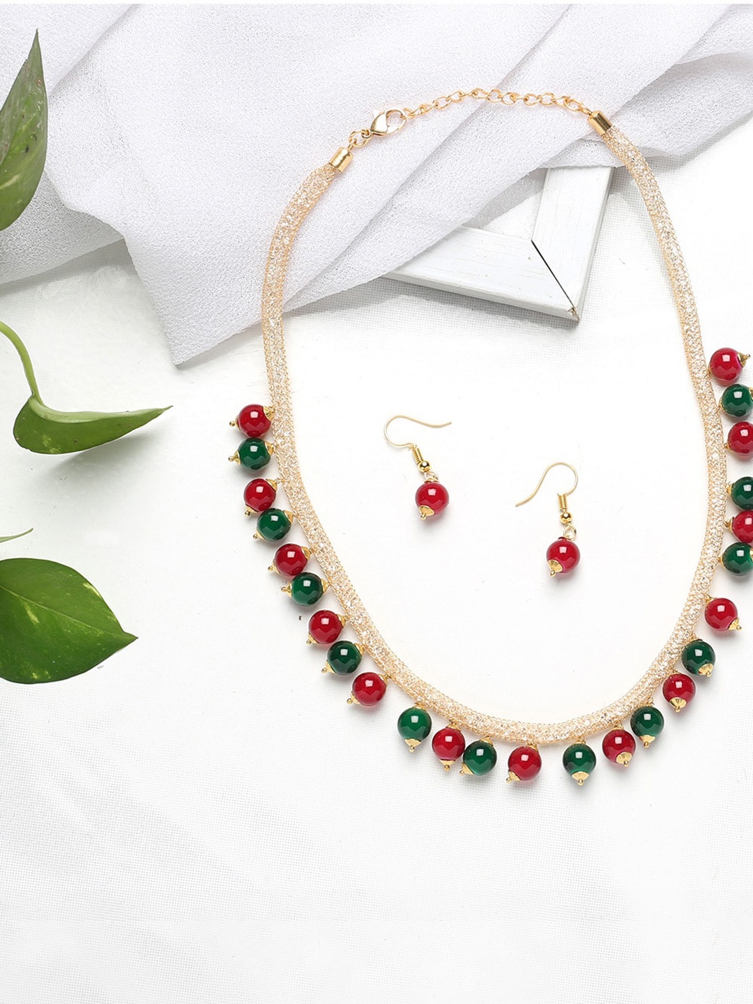 

MAD CLUB Women Gold-Plated Green & Red Pearl Beaded Necklace and Earrings