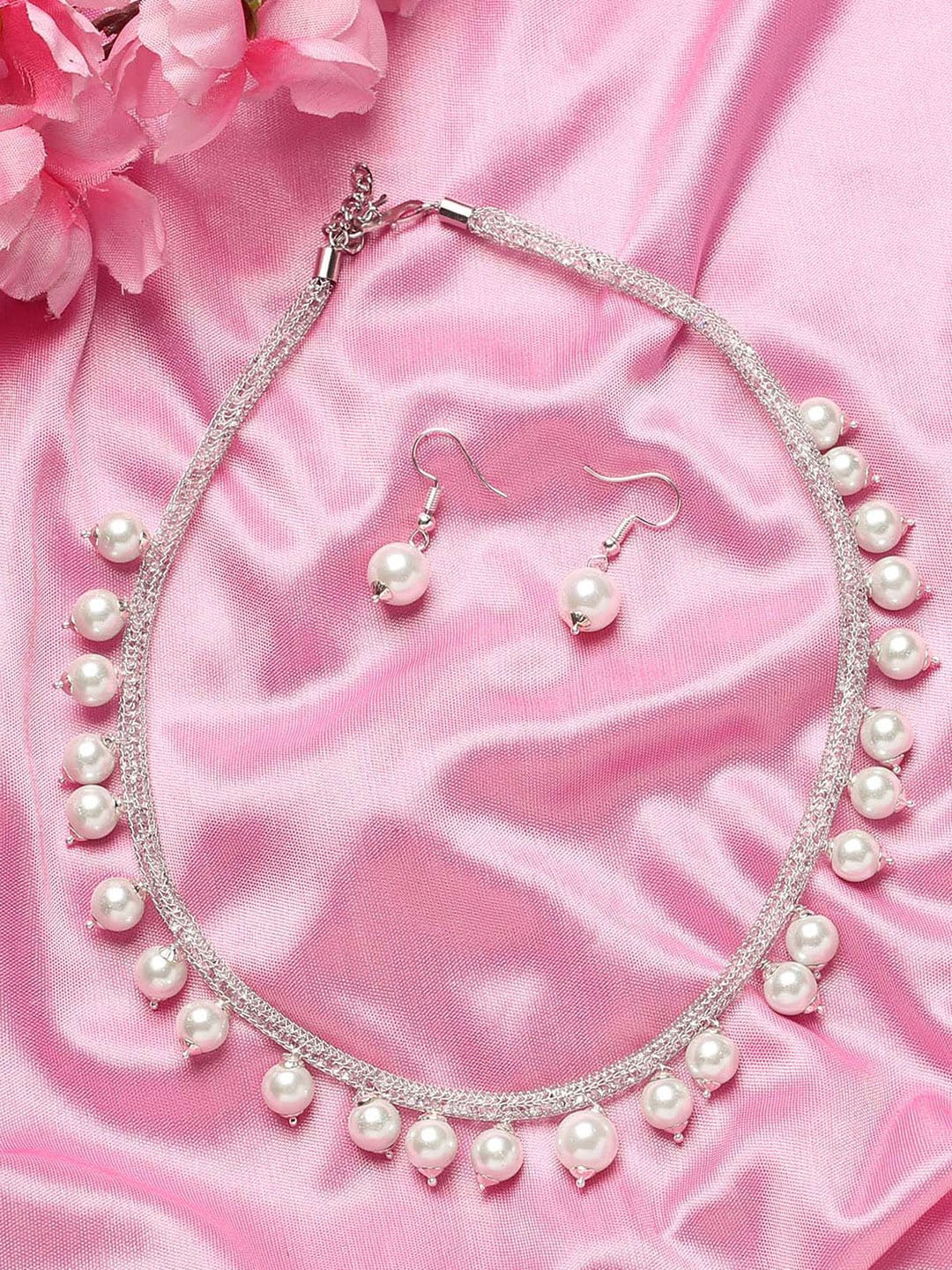 

MAD CLUB Women Silver-Plated White Pearl Studded Choker Necklace Set
