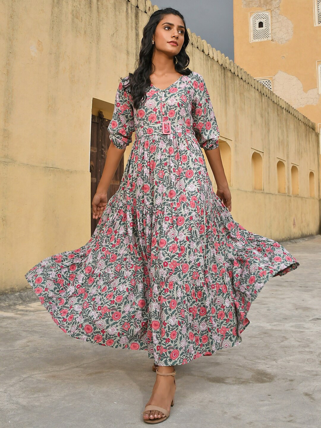 

Janasya Women Pastel Green Cotton Floral Print Tiered Western Dress