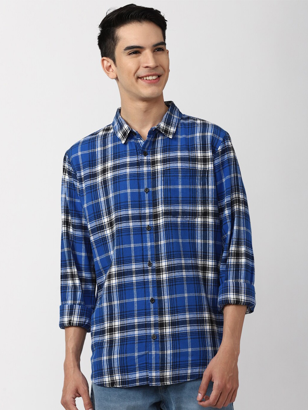 

FOREVER 21 Men Blue Tartan Checks Checked Pure Cotton Casual Shirt