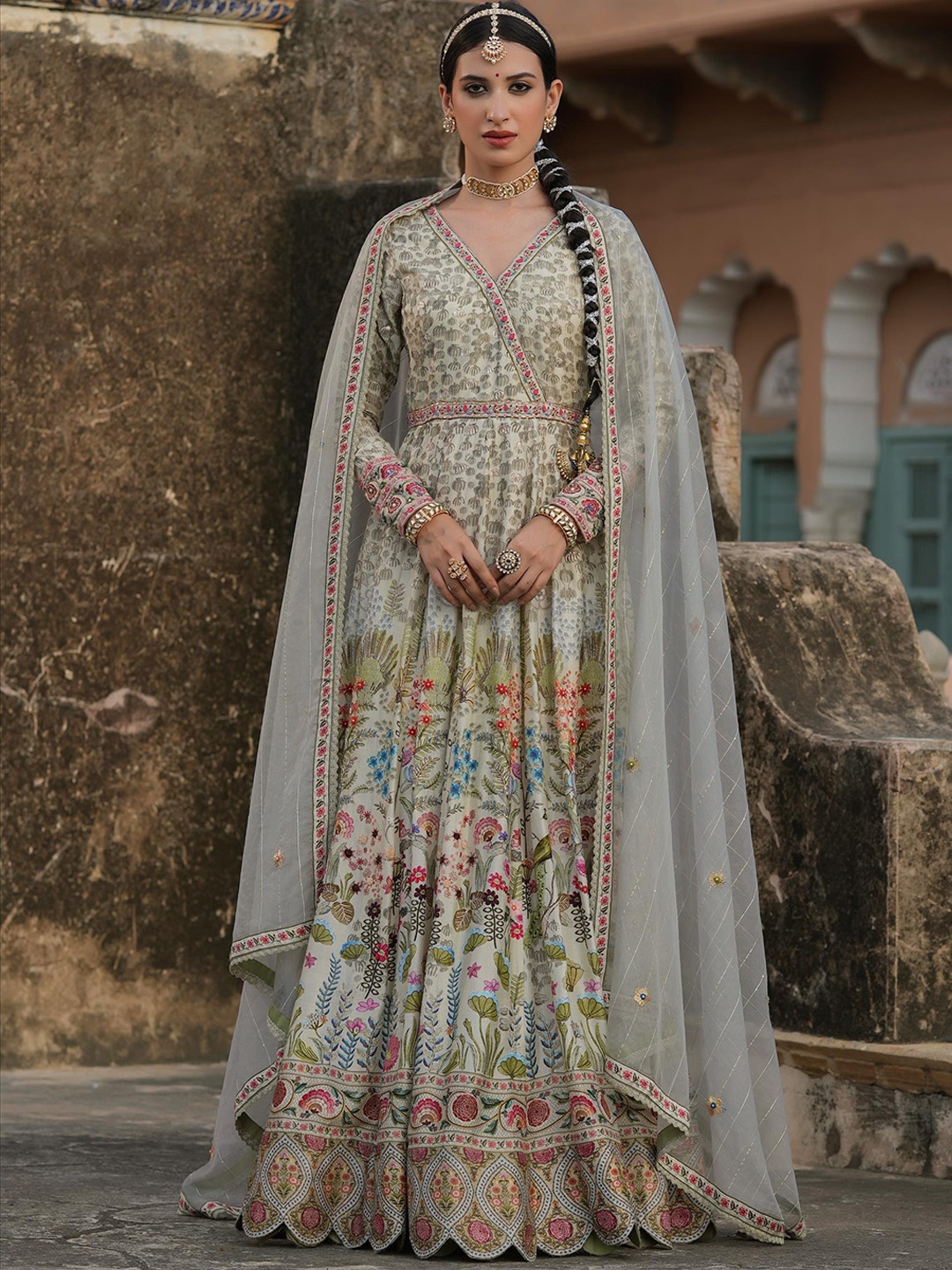 

SCAKHI Women Beige & Pink Floral Anarkali Gown With Organza Dupatta