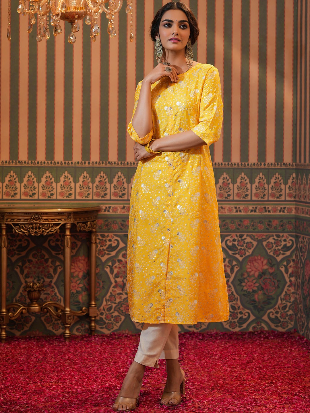 

SCAKHI Women Yellow Floral Printed Chanderi Silk A-Line Kurta