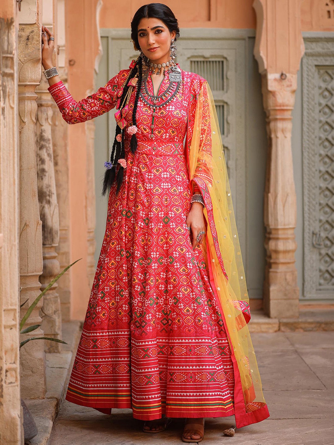 

SCAKHI Women Fuchsia Ethnic Motifs Printed Anarkali Cotton silk Kurta with Belt