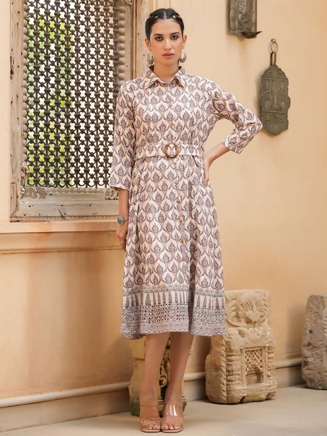 

SCAKHI Beige & Black Cotton Ethnic Motifs A-Line Midi Dress