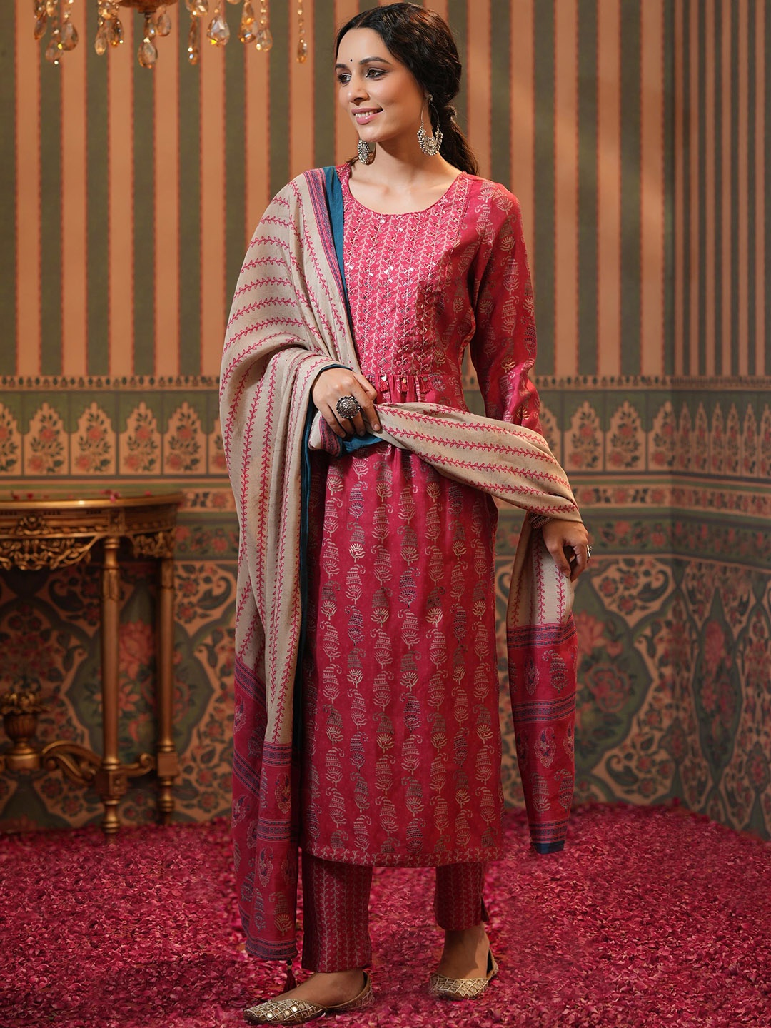 

SCAKHI Women Ethnic Motifs Printed Mirror Work Kurta with Trousers & Dupatta, Red
