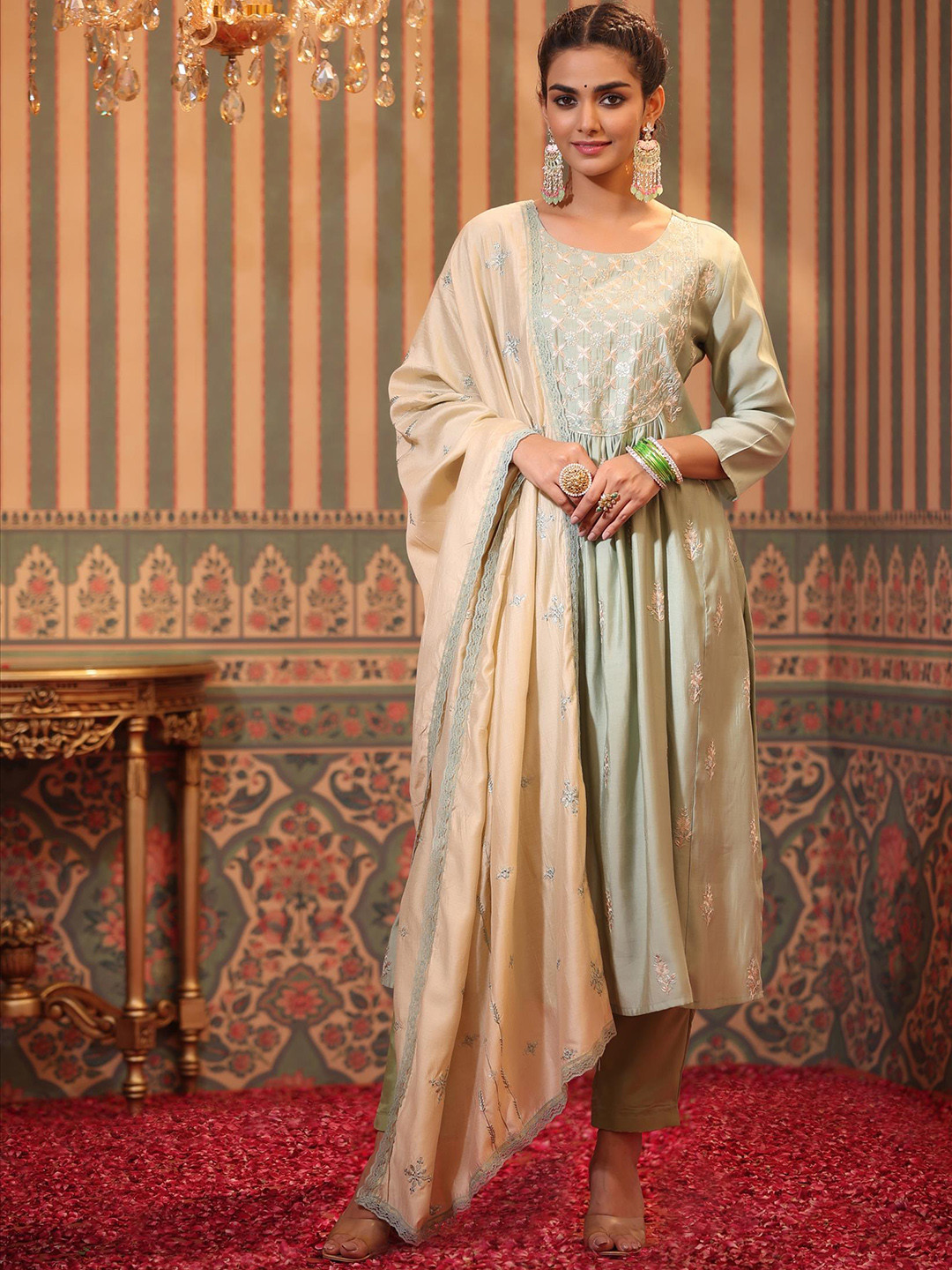 

SCAKHI Women Sea Green Floral Embroidered Pleated Chanderi Silk Kurta with Trousers & With Dupatta