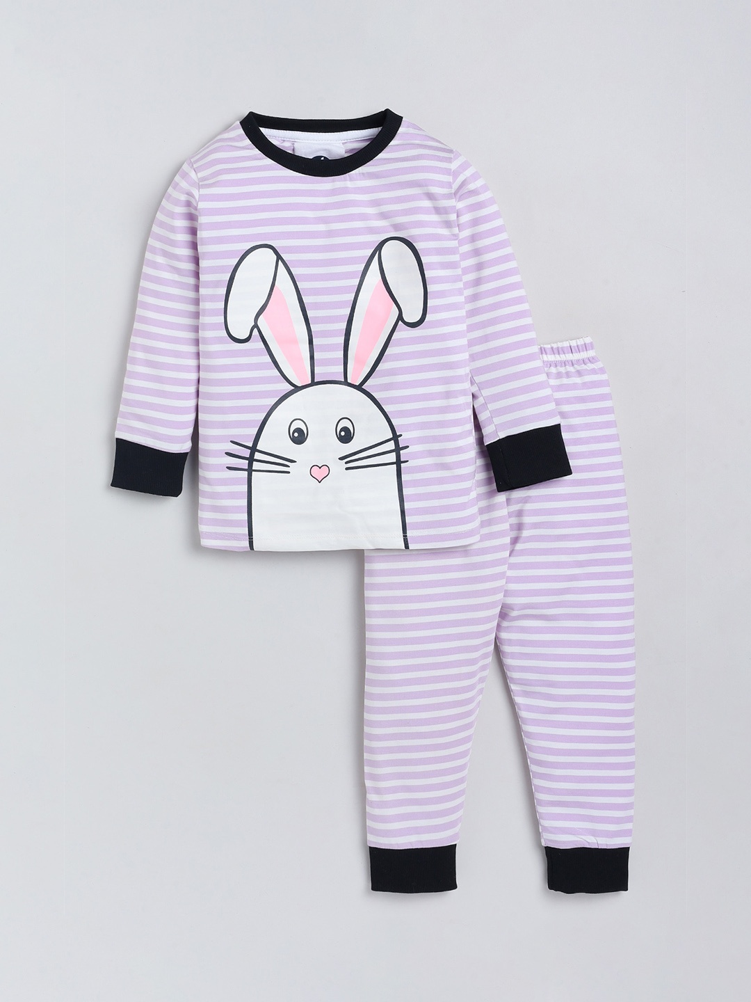 

YK Girls Purple & White Bunny Printed striper Night suit
