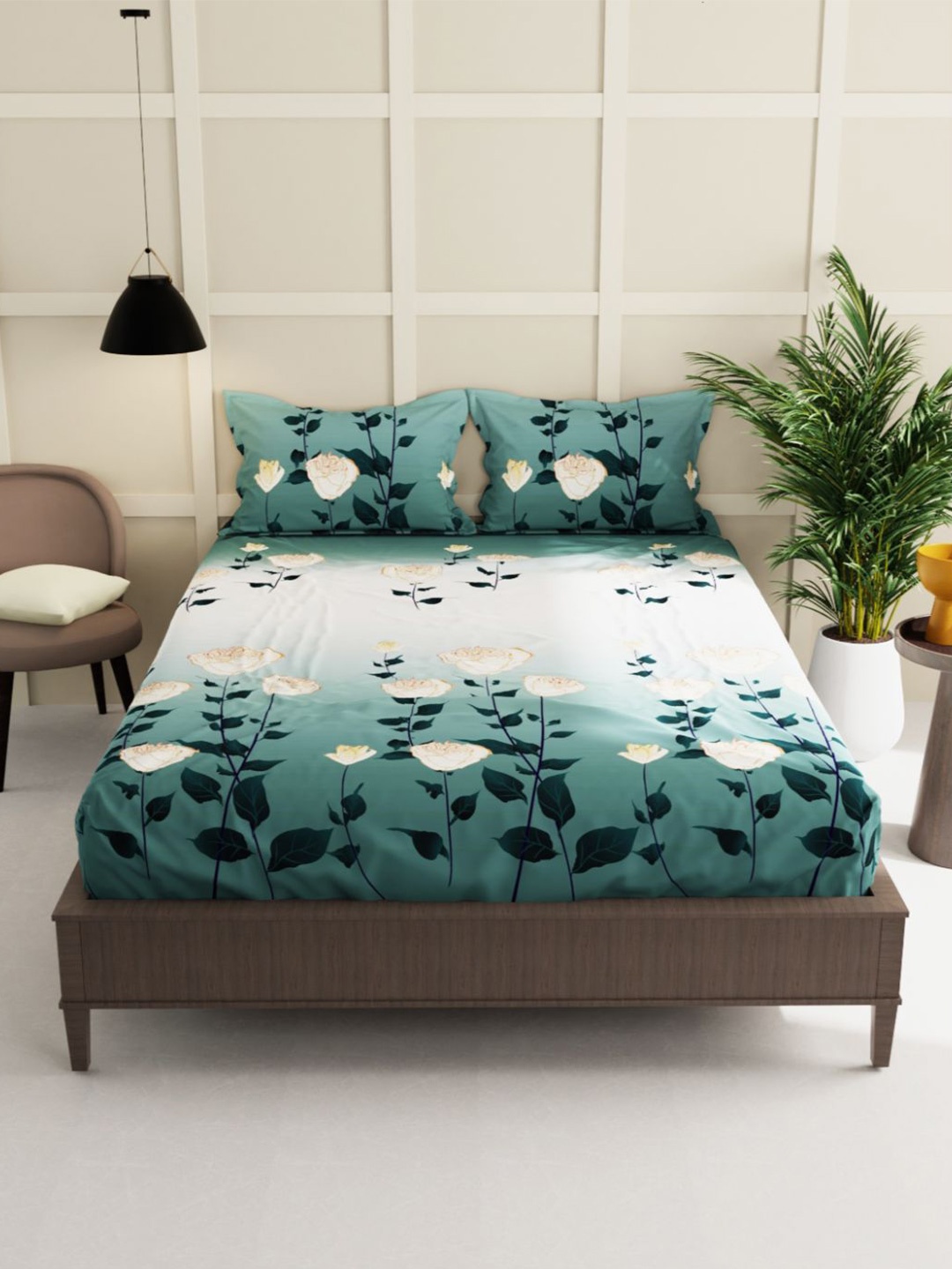 

BIANCA White & Teal Floral 150 TC King Bedsheet with 2 Pillow Covers