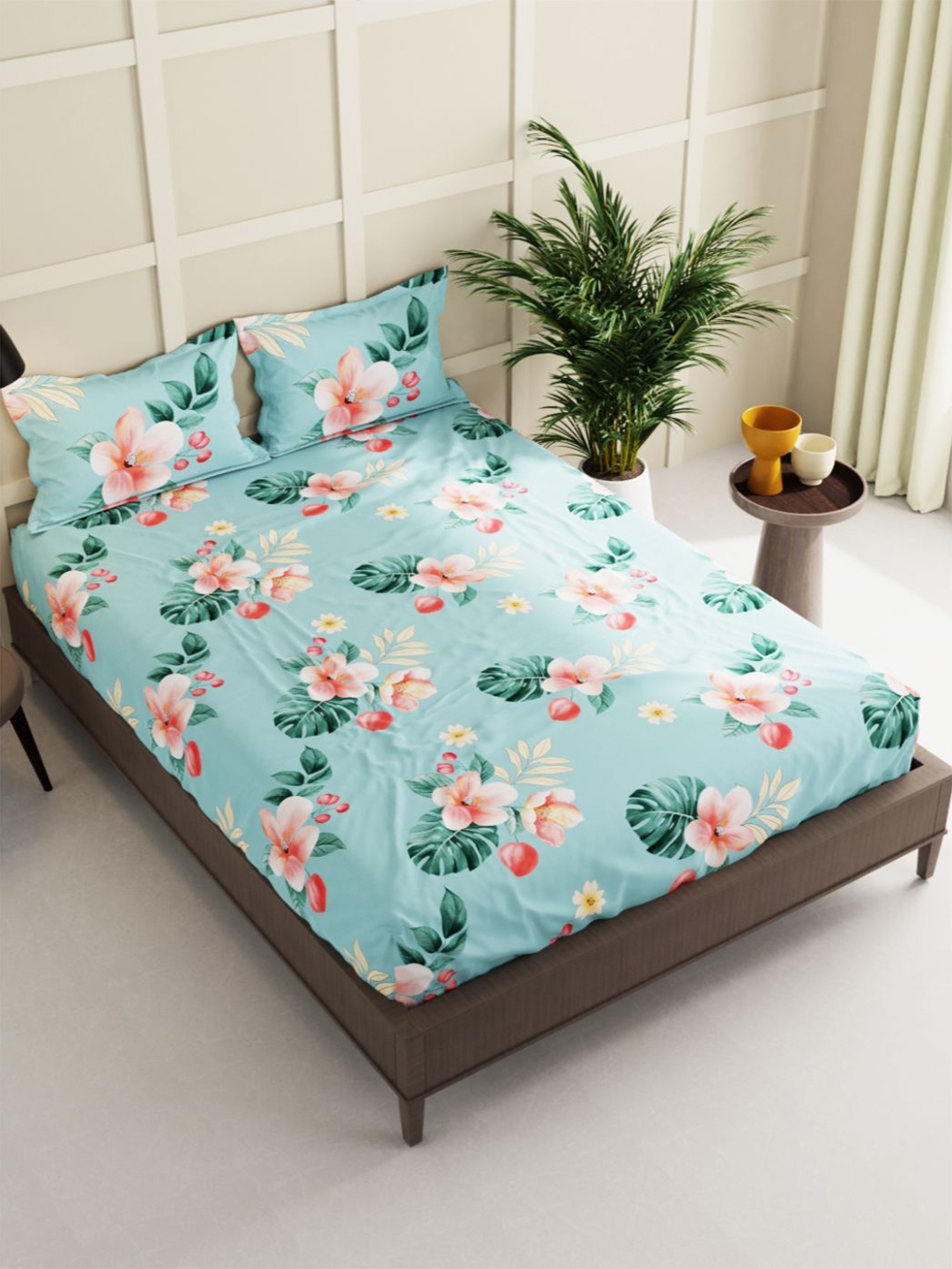 

BIANCA Turquoise Blue & Pink Floral 150 TC Envouge King Bedsheet with 2 Pillow Covers