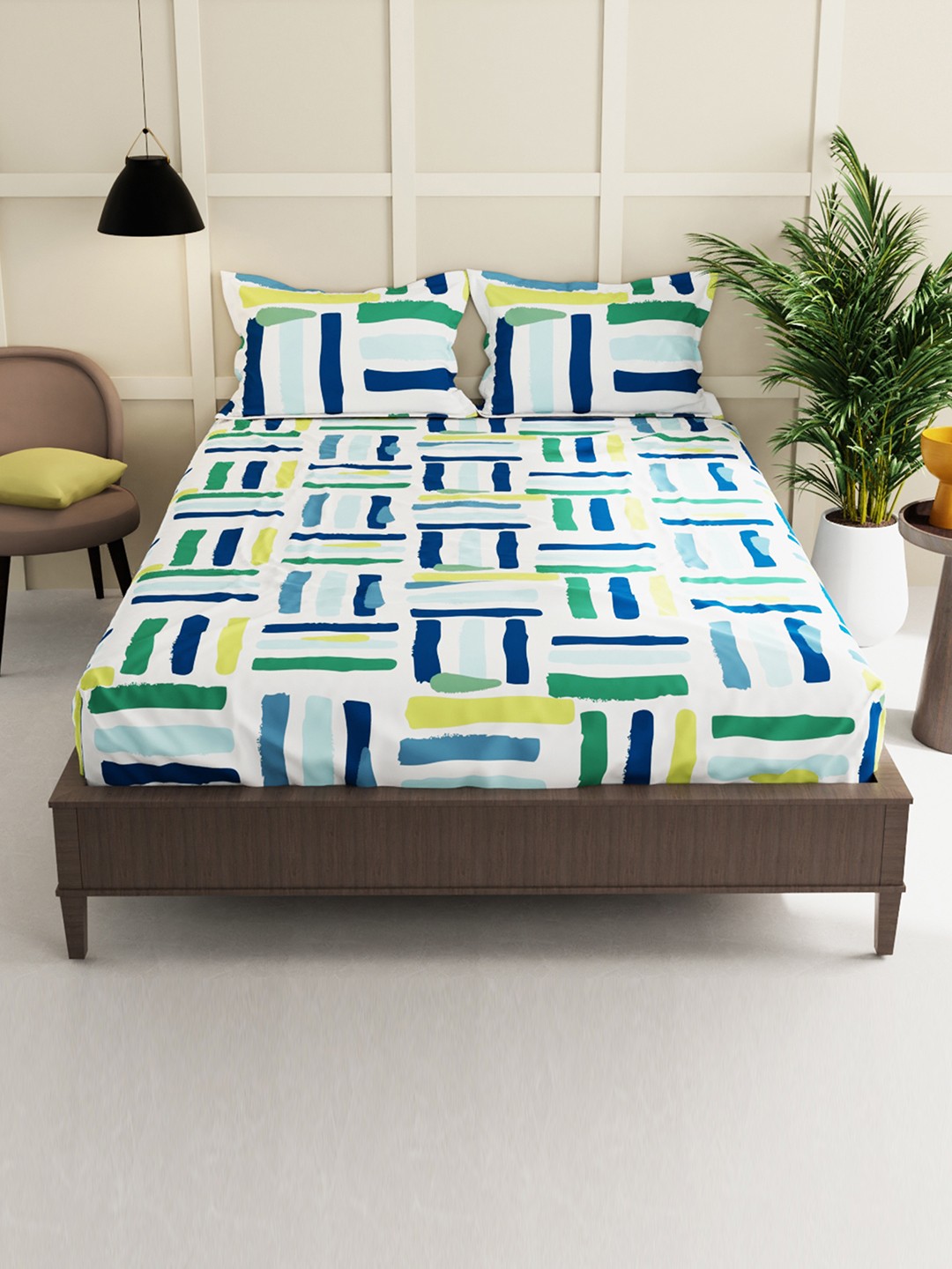 

KOPA White & Blue Envogue 150 TC King Bedsheet with 2 Pillow Covers