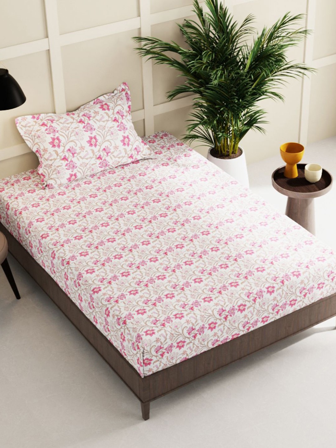 

BIANCA White & Pink Floral 150 TC Single Bedsheet with 1 Pillow Covers
