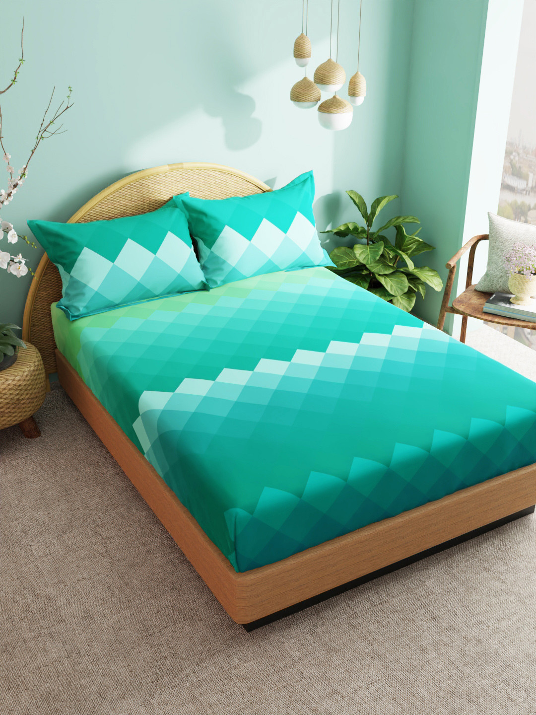 

BIANCA Green & Sea Green Geometric 180 TC King Bedsheet with 2 Pillow Covers