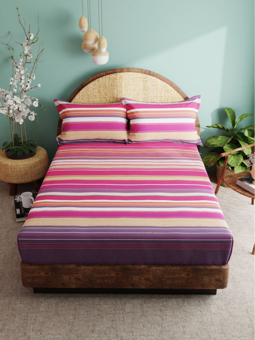 

BIANCA Pink & Off White Cotton Striped 180 TC King Bedsheet with 2 Pillow Covers