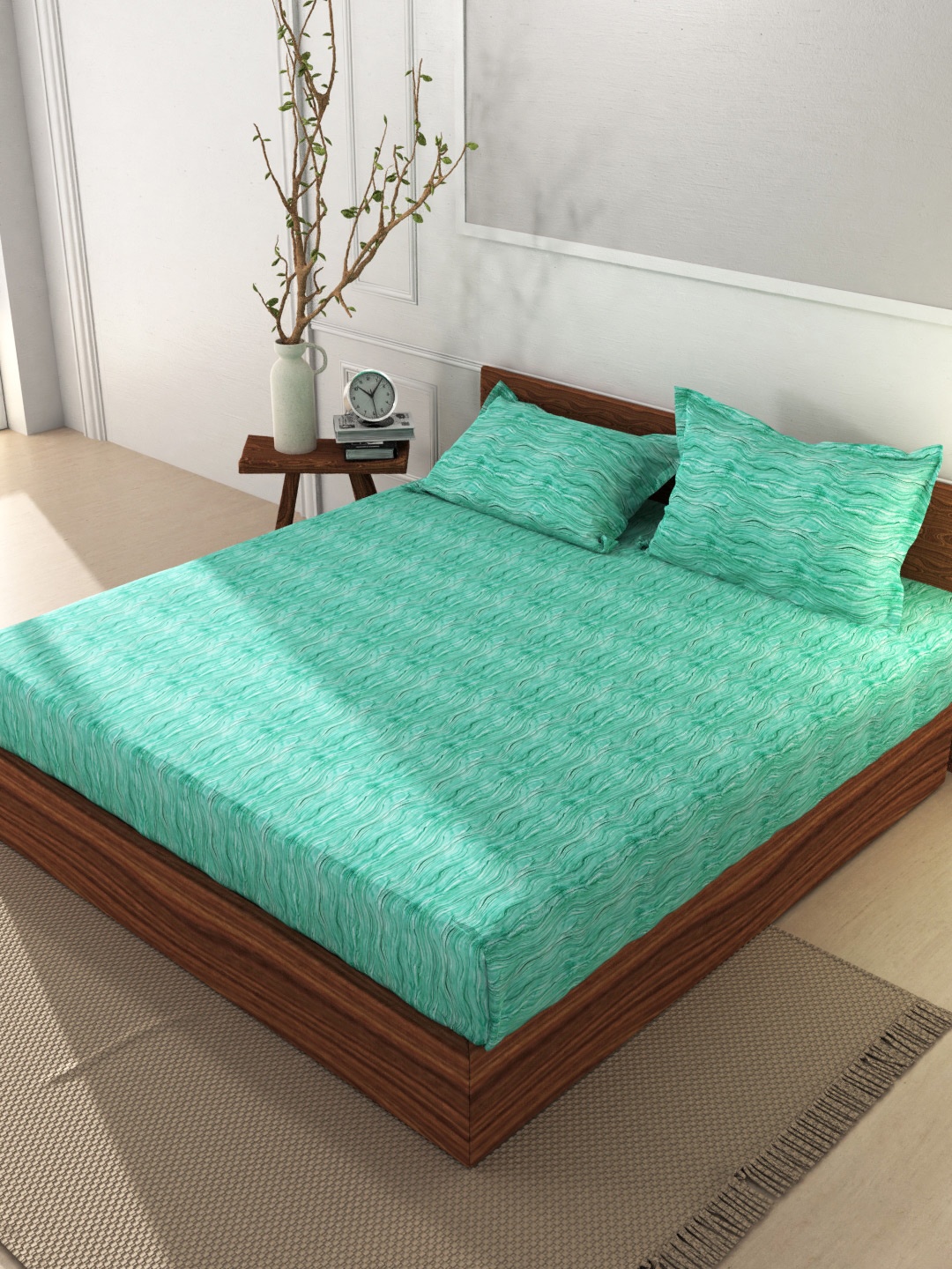 

BIANCA Teal Geometric 144 TC King Bedsheet with 2 Pillow Covers