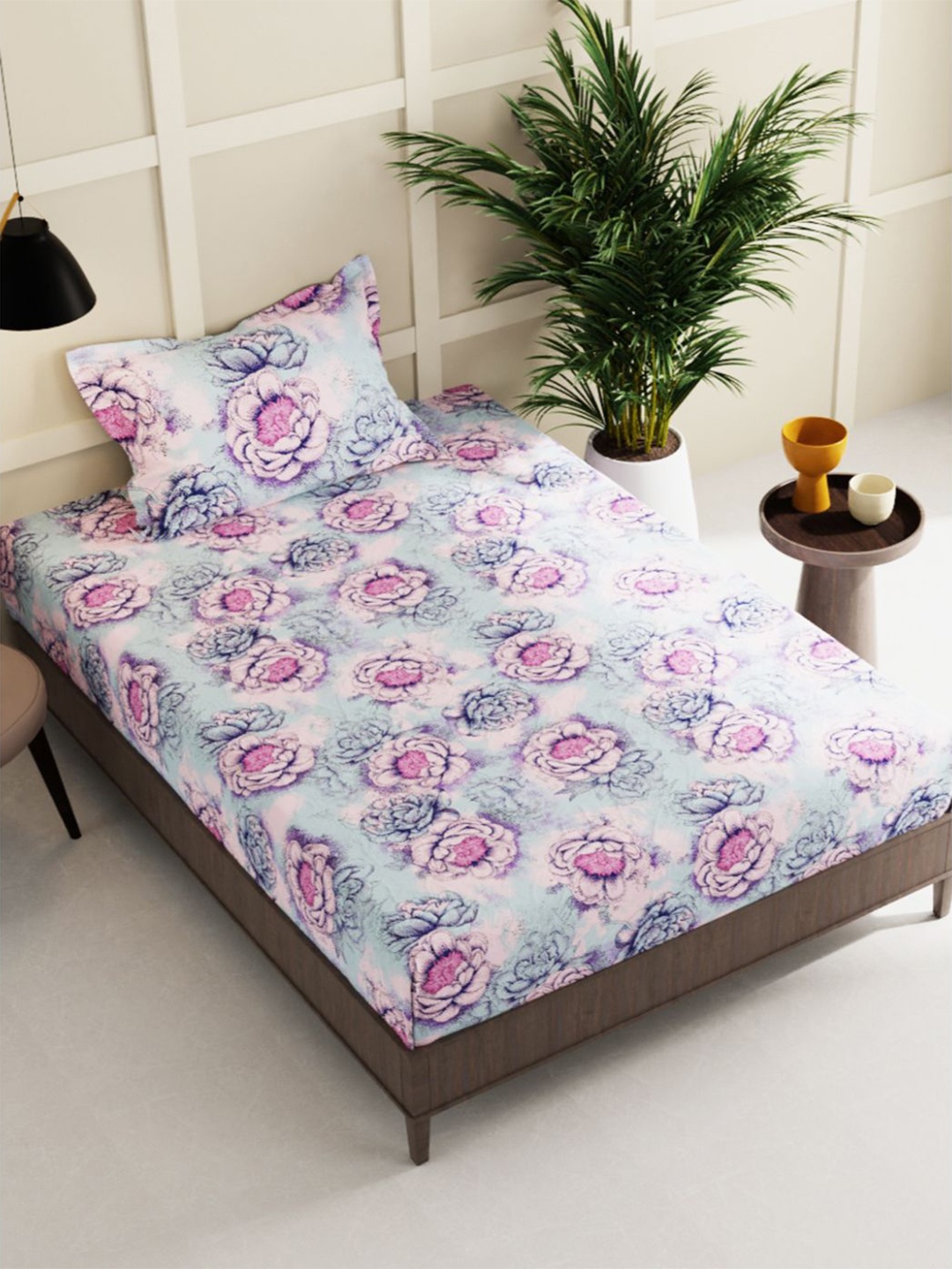 

BIANCA SNUZ White & Pink Floral 150 TC Single Bedsheet with 1 Pillow Cover