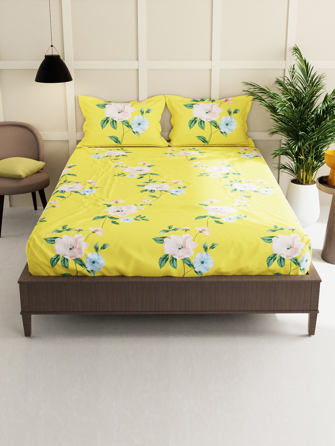 

BIANCA Yellow & Pink Floral 150 TC King Bedsheet with 2 Pillow Cover