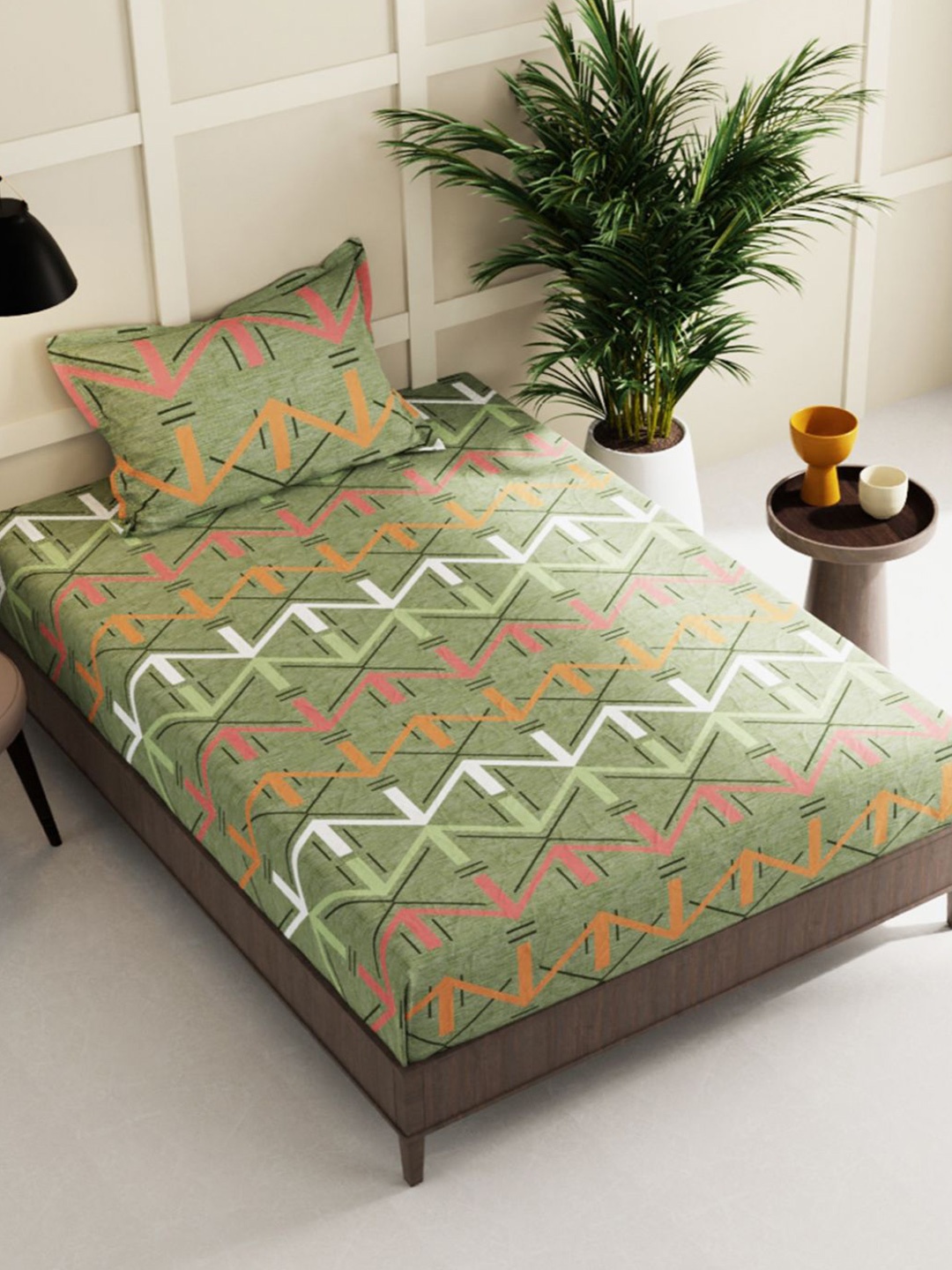 

BIANCA Green & Pink Geometric 150 TC Single Bedsheet with 1 Pillow Cover