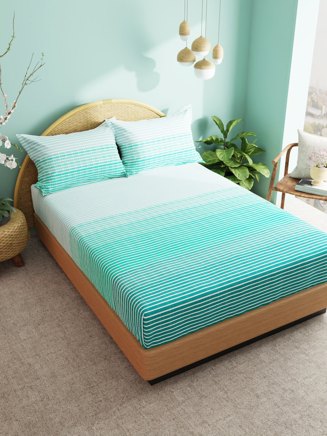 

BIANCA Green & Off White Striped 180 TC King Bedsheet with 2 Pillow Covers