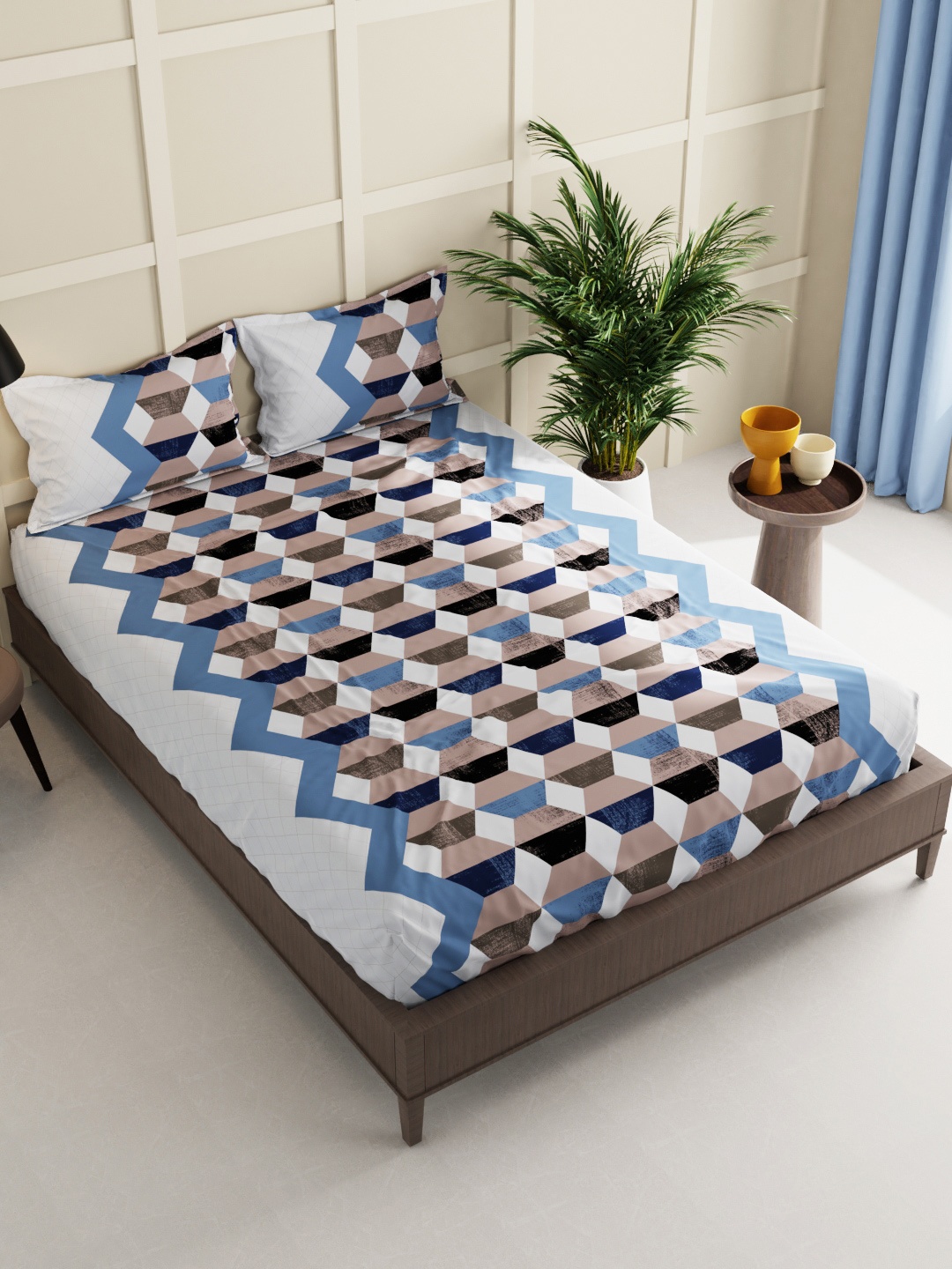 

KOPA Pink & Blue Geometric 150 TC King Bedsheet with 2 Pillow Covers