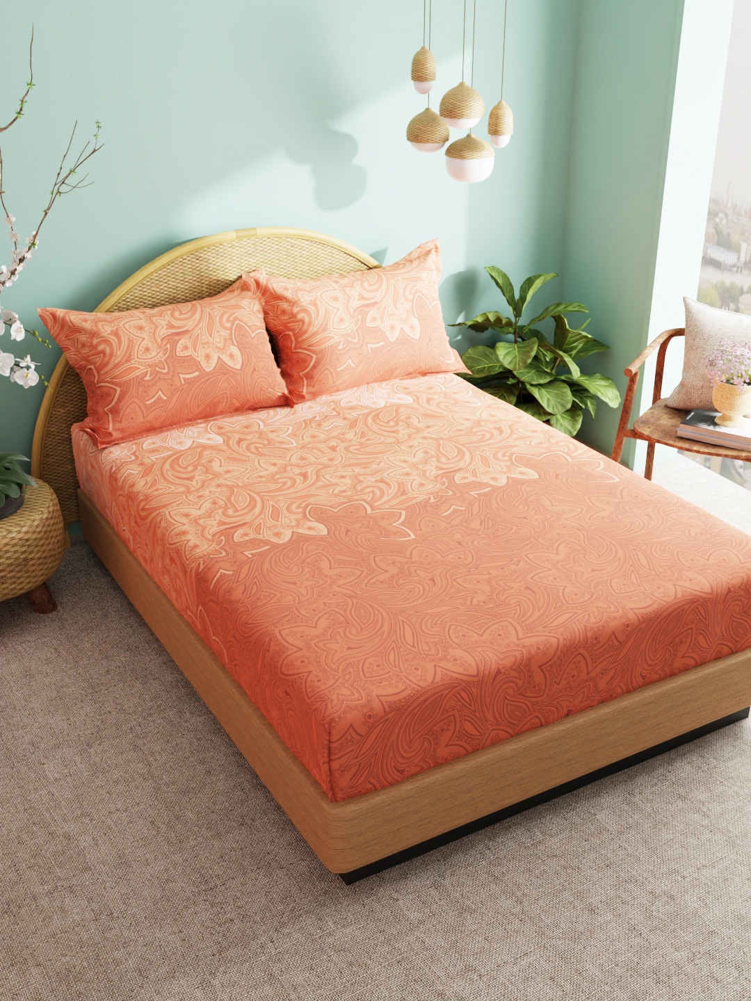 

BIANCA Orange Floral 180 TC King Bedsheet with 2 Pillow Covers