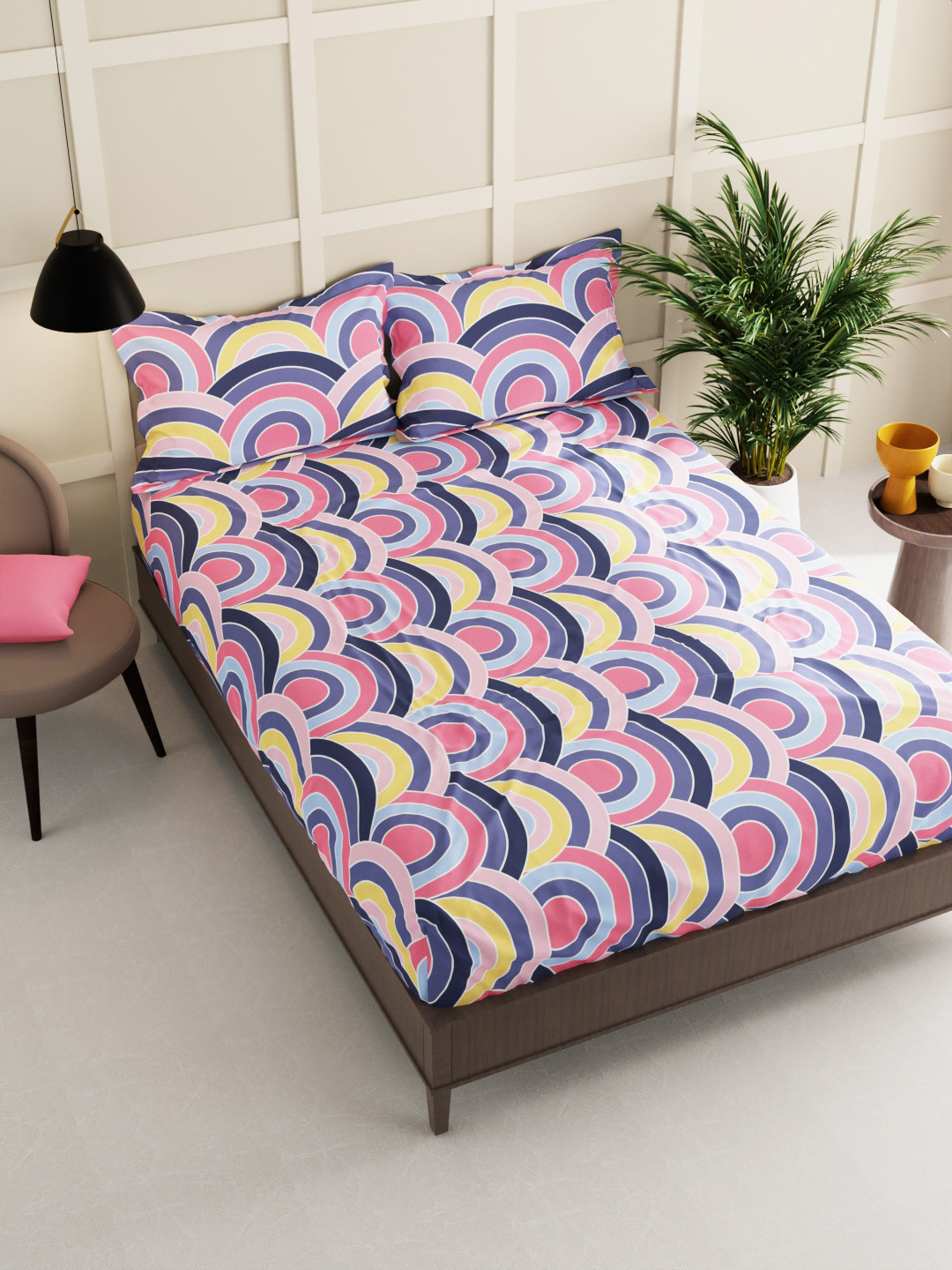 

BIANCA White & Purple Geometric 150 TC King Bedsheet with 2 Pillow Covers