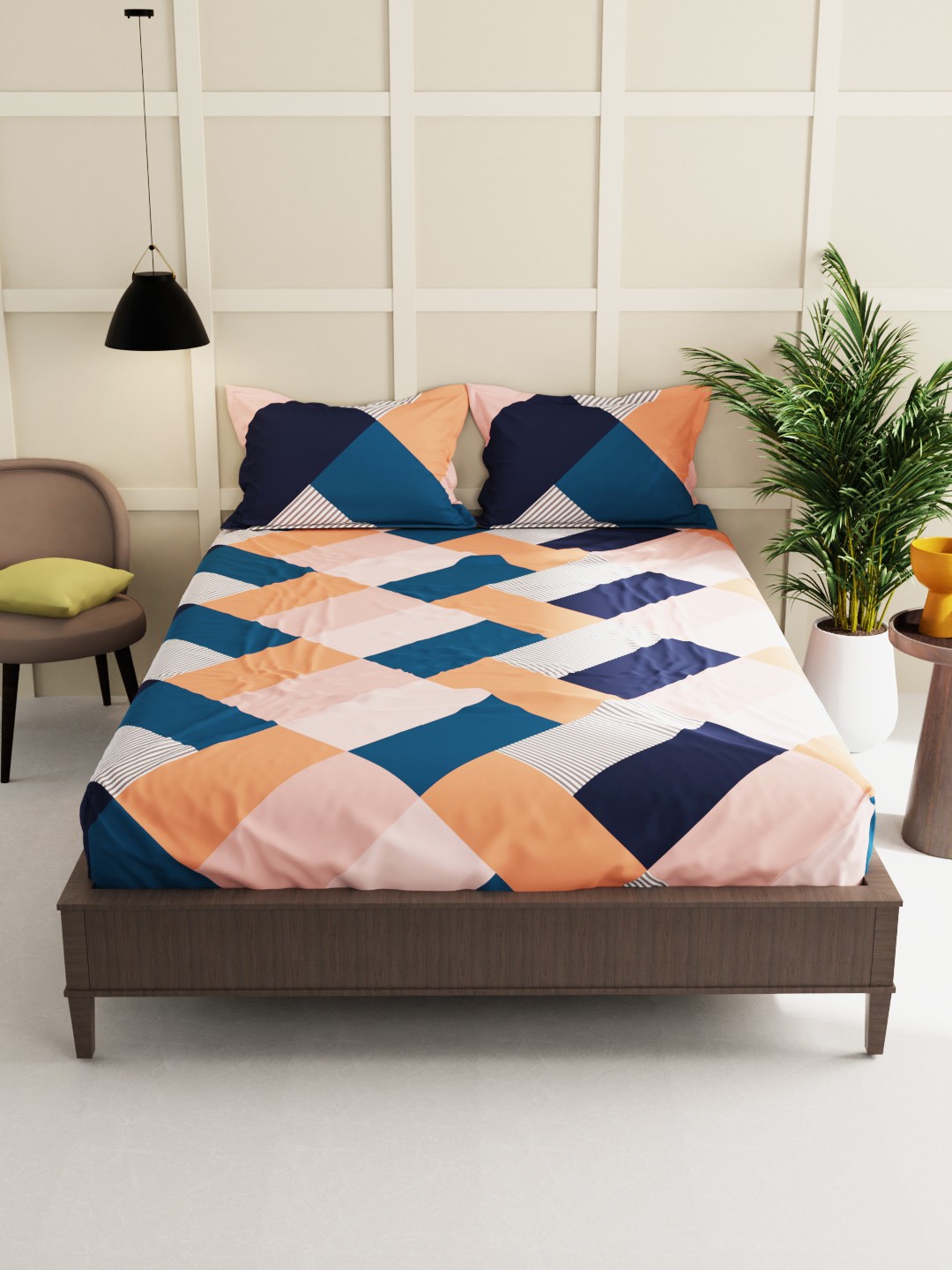 

BIANCA Peach-Coloured & Blue Geometric 150 TC Envouge King Bedsheet with 2 Pillow Covers