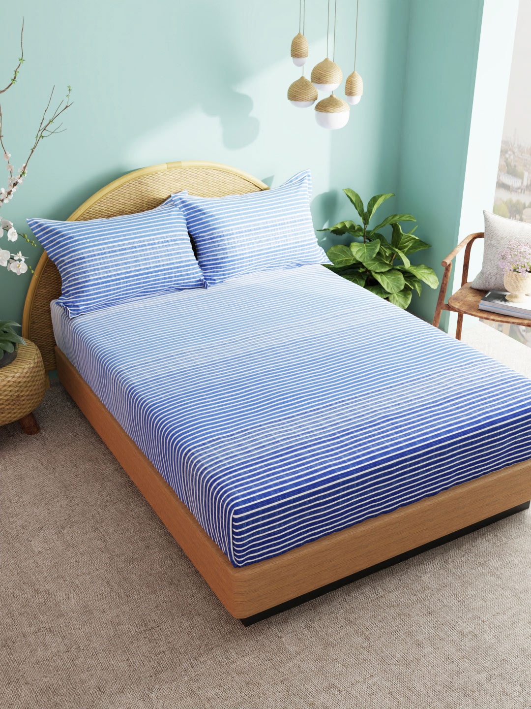 

BIANCA Blue Striped 180 TC King Bedsheet with 2 Pillow Covers