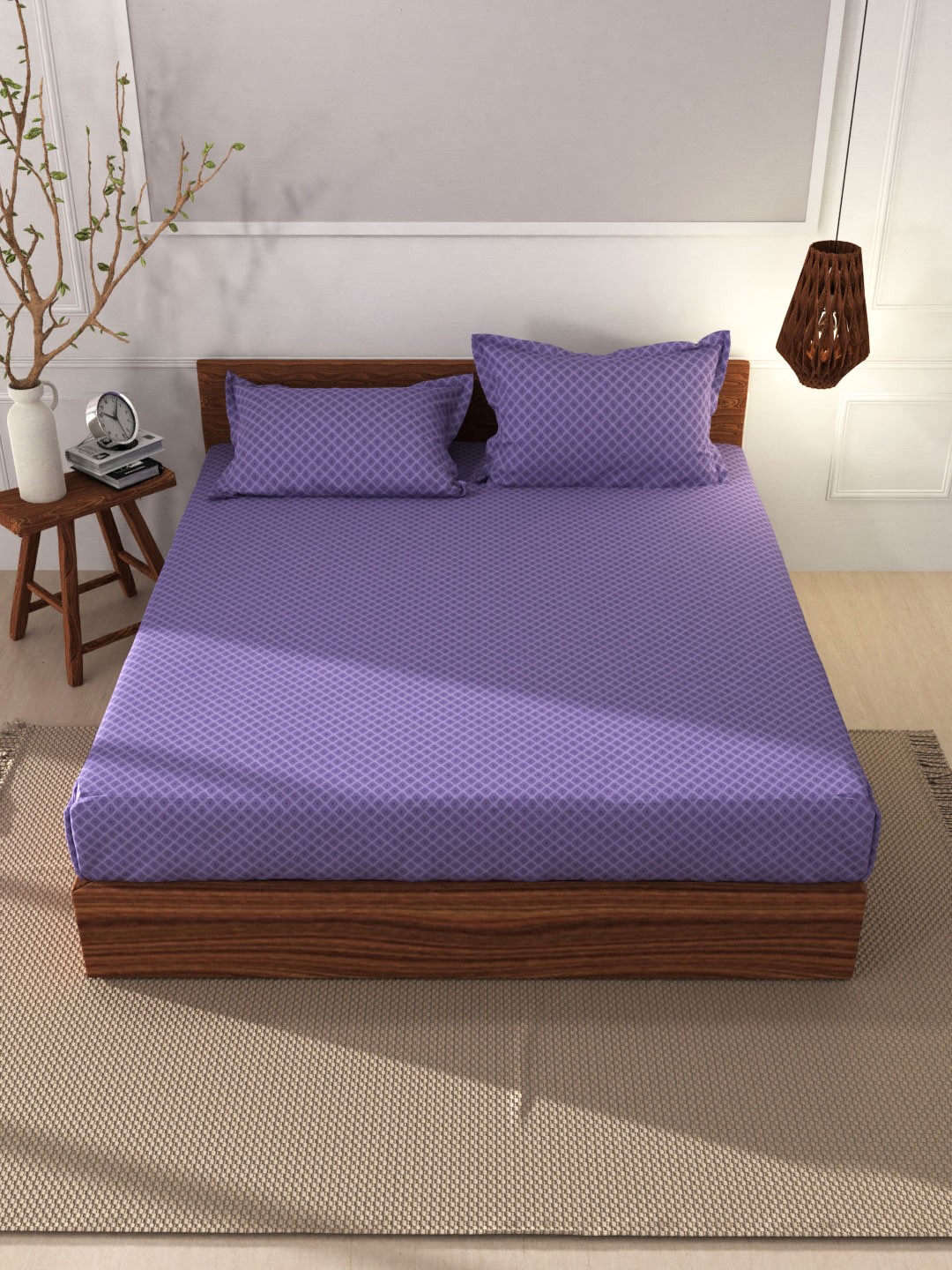 

BIANCA Purple Geometric Printed 144 TC Cotton King Bedsheet with 2 Pillow Covers