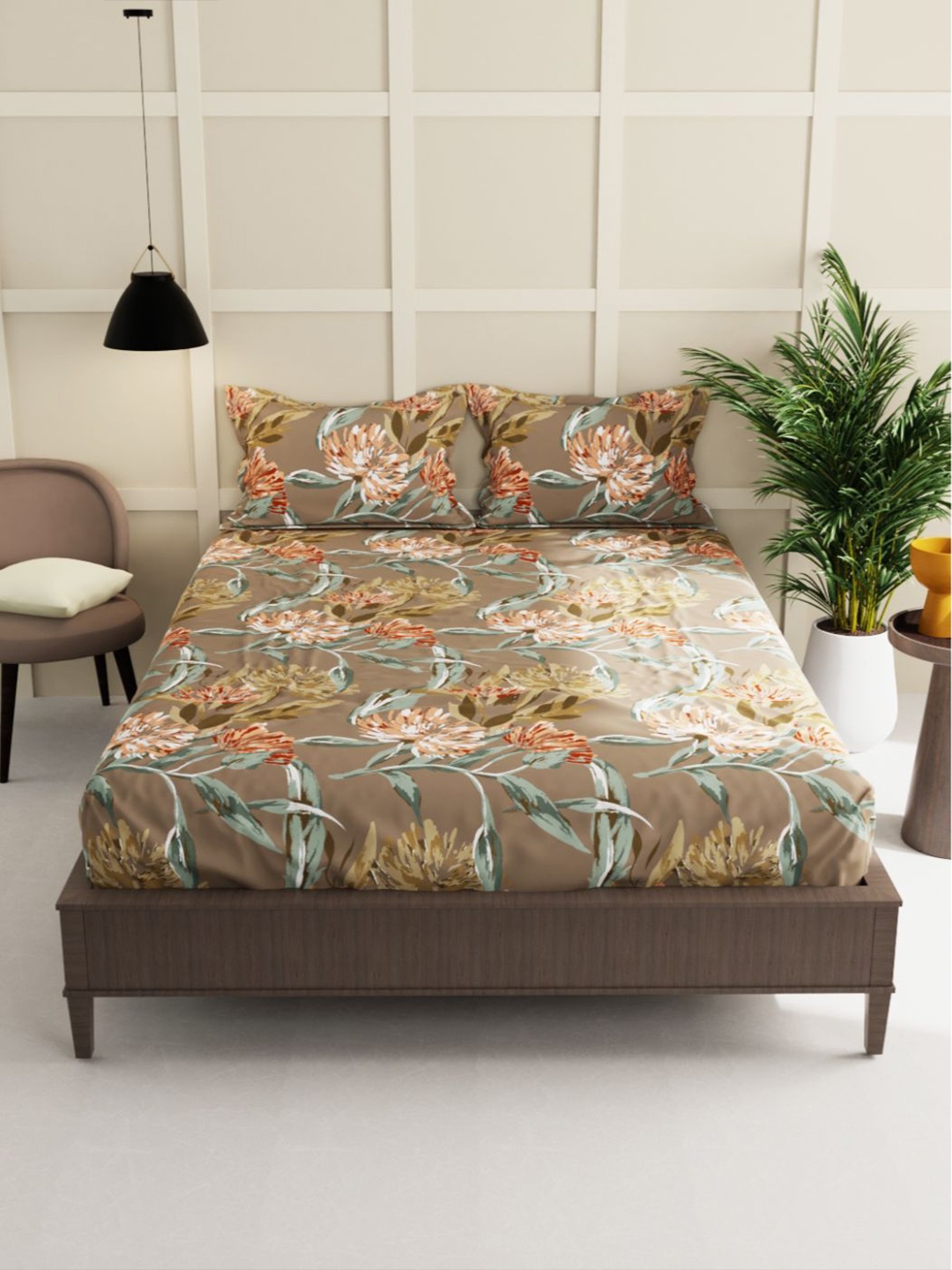 

BIANCA Brown & Green Floral 150 TC King Bedsheet with 2 Pillow Covers