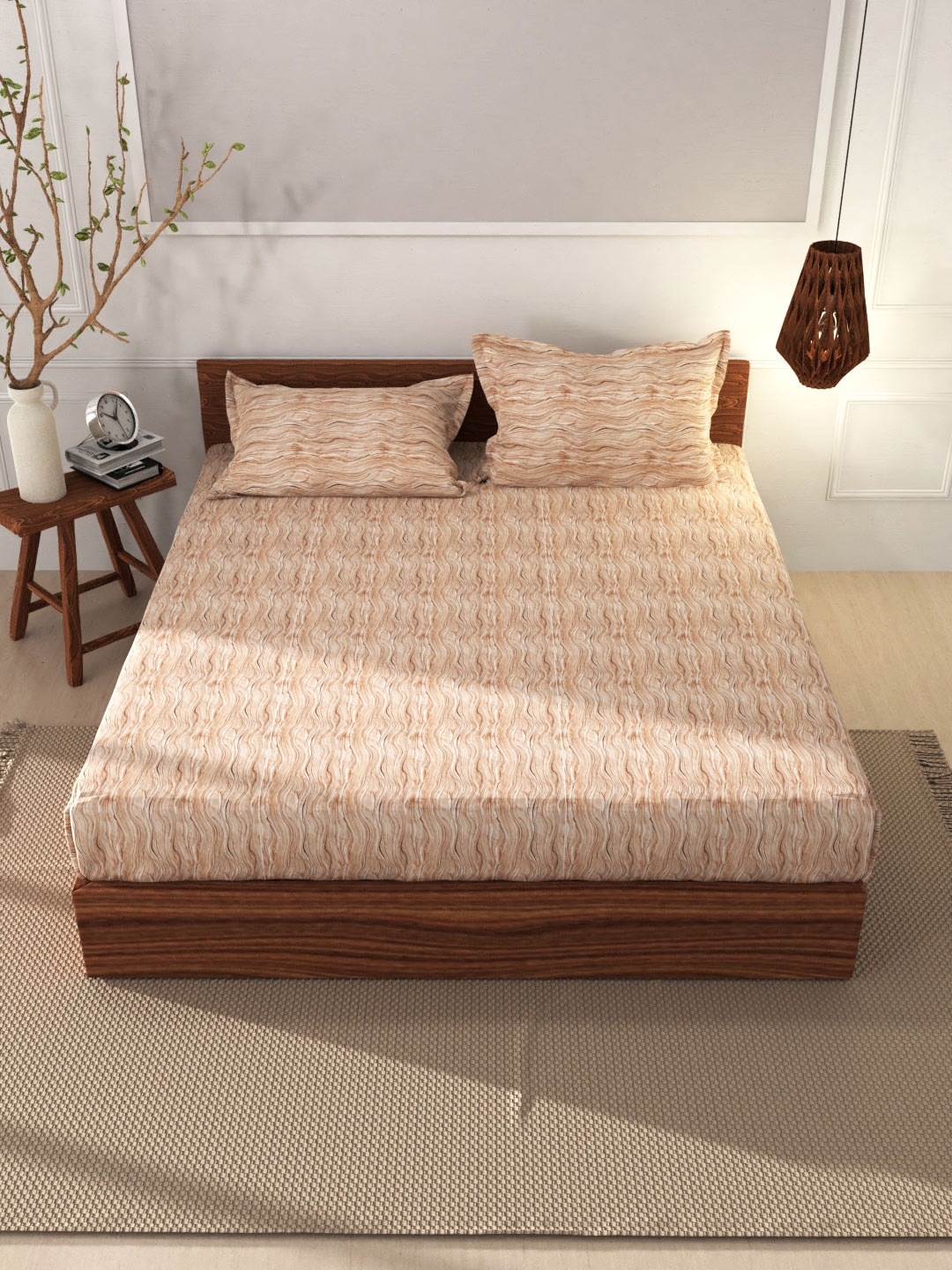 

BIANCA Nude-Coloured Cotton Geometric 144 TC King Bedsheet with 2 Pillow Covers