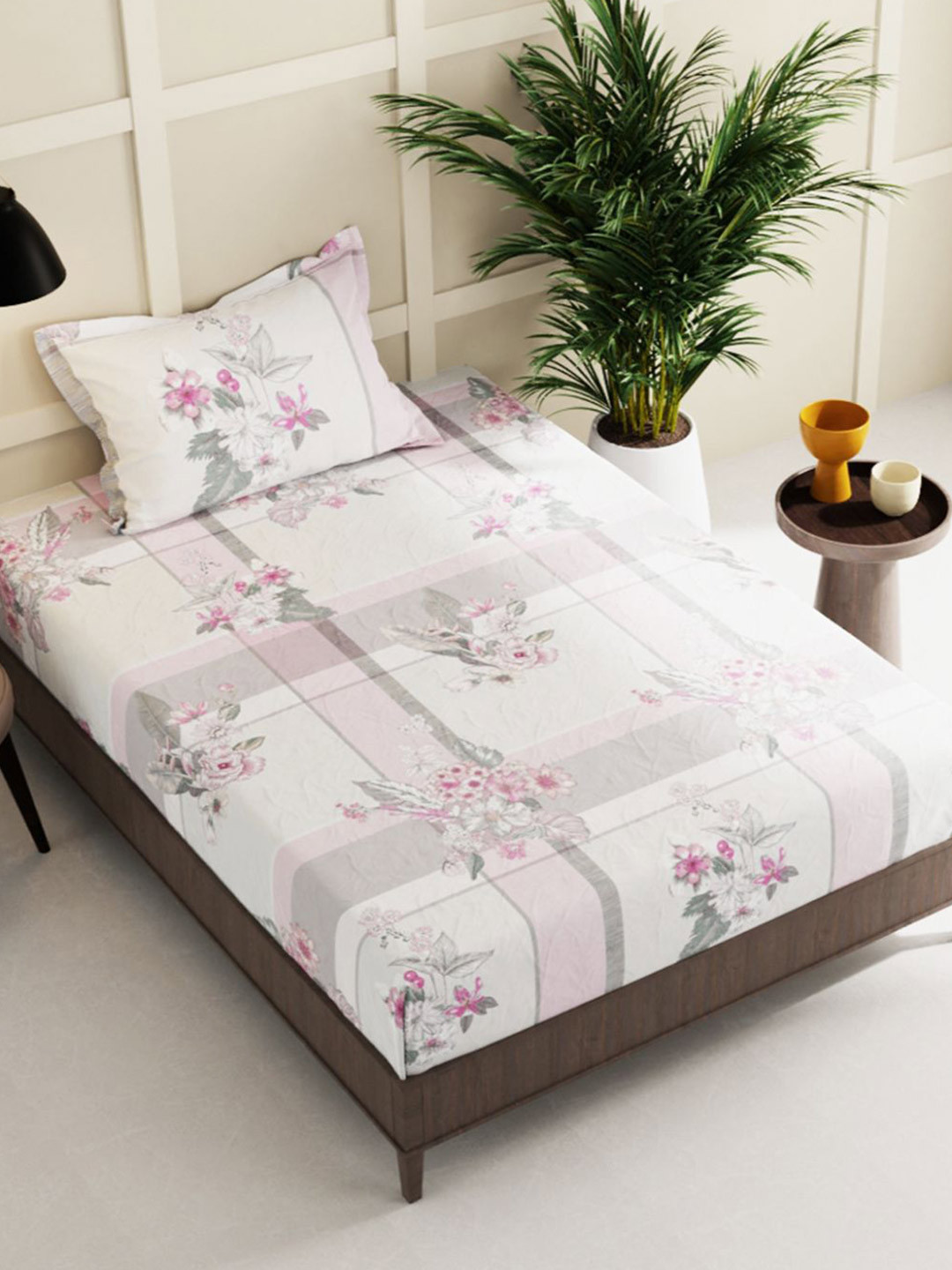 

BIANCA White & Pink Floral 150 TC Snuz Single Bedsheet with 1 Pillow Covers