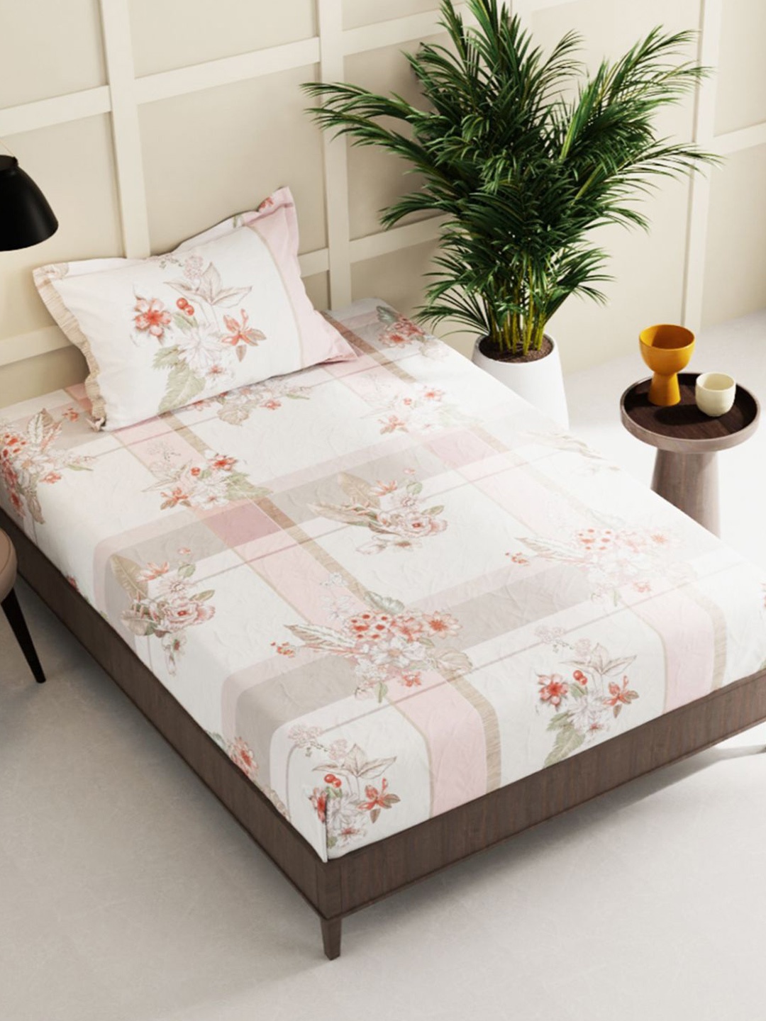 

BIANCA White & Pink Floral Printed 150 TC Single Bedsheet with 1 Pillow Cover