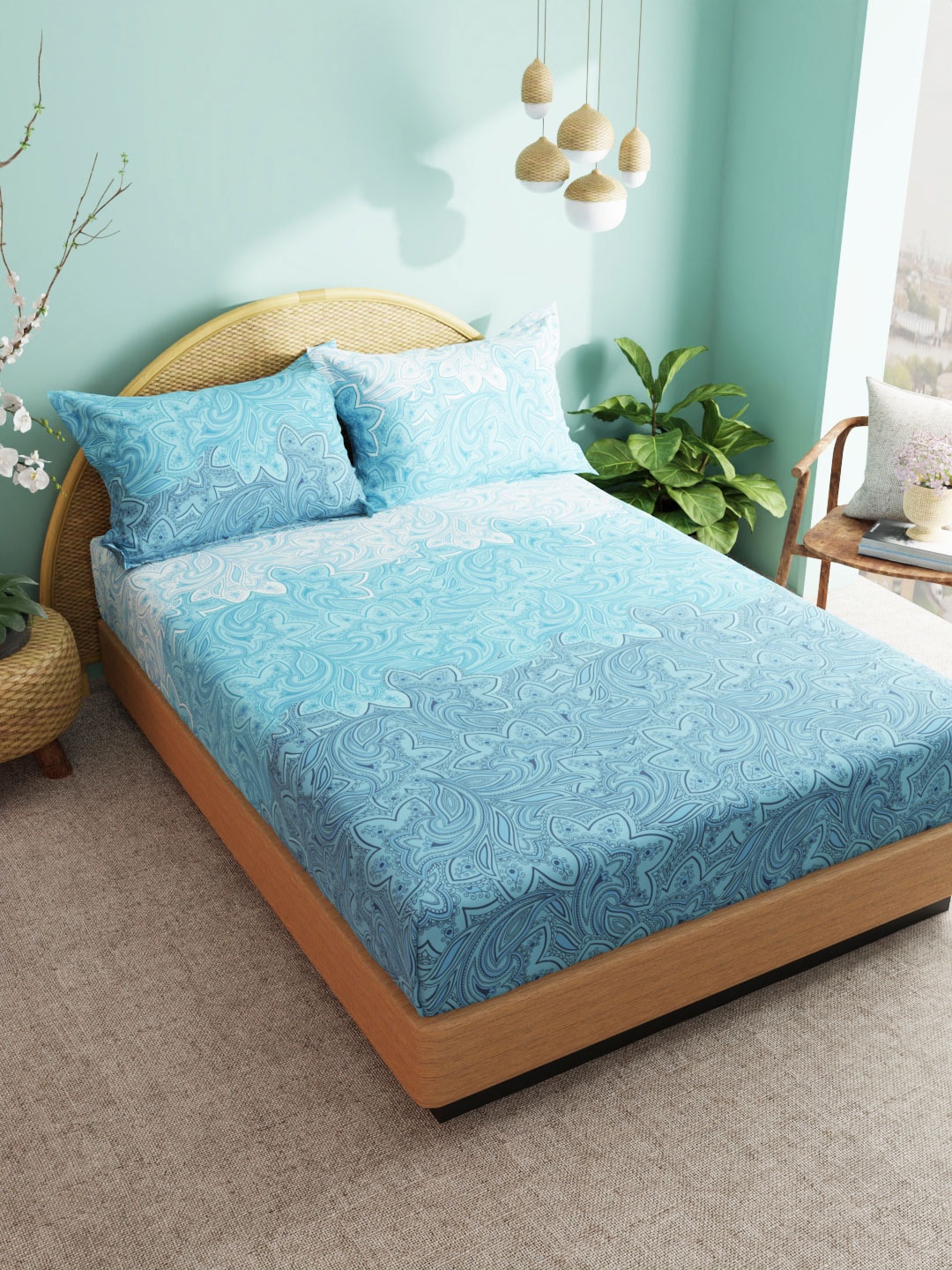 

BIANCA Blue & Green Cotton Floral 180 TC King Bedsheet with 2 Pillow Covers